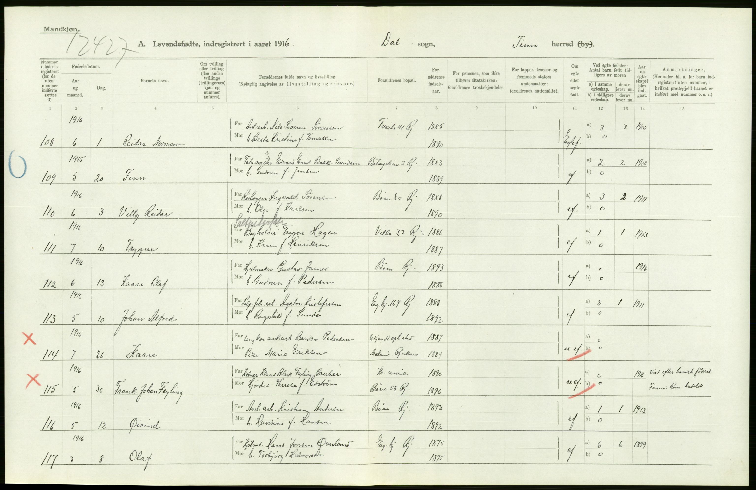 Statistisk sentralbyrå, Sosiodemografiske emner, Befolkning, RA/S-2228/D/Df/Dfb/Dfbf/L0022: Bratsberg amt: Levendefødte menn og kvinner. Bygder., 1916, p. 172