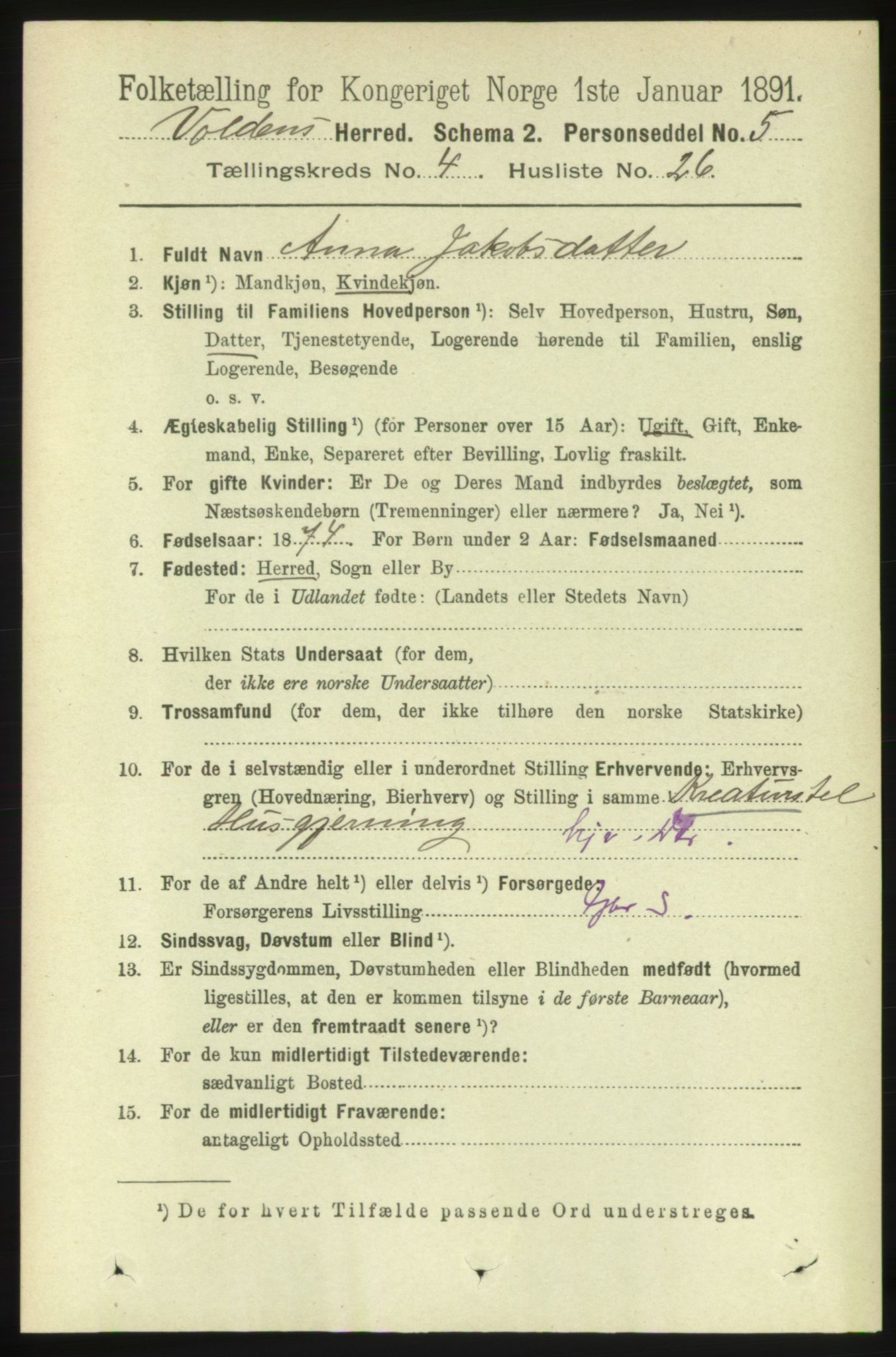 RA, 1891 census for 1519 Volda, 1891, p. 2137