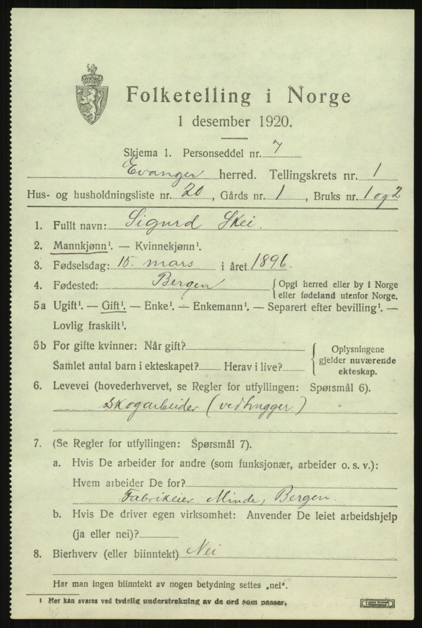 SAB, 1920 census for Evanger, 1920, p. 941