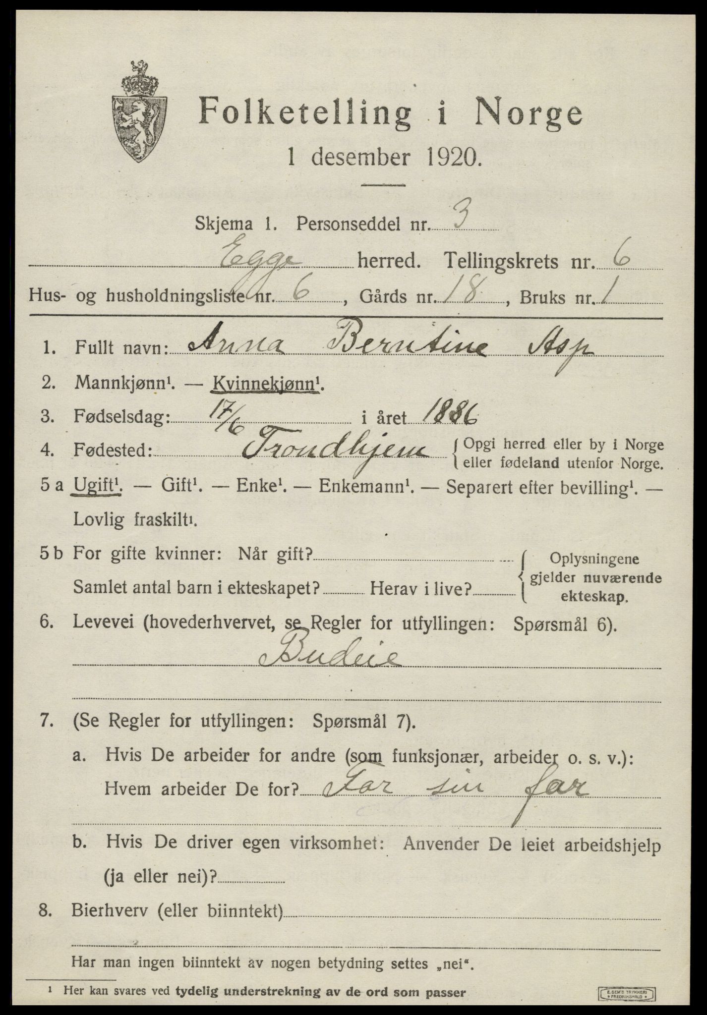 SAT, 1920 census for Egge, 1920, p. 3878