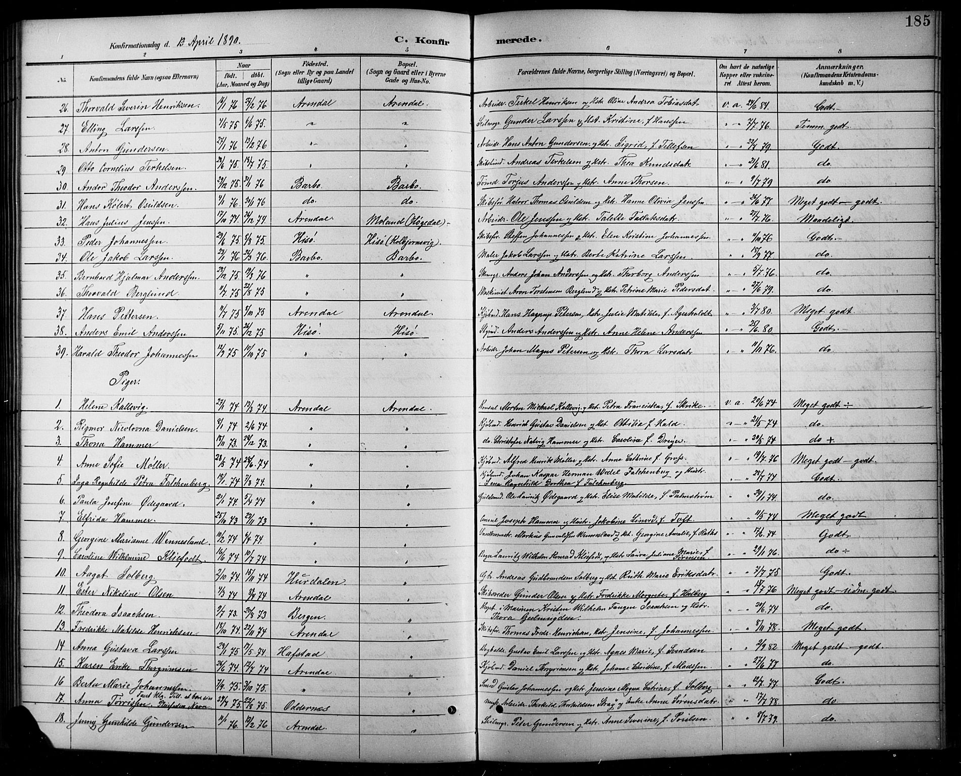 Arendal sokneprestkontor, Trefoldighet, AV/SAK-1111-0040/F/Fb/L0006: Parish register (copy) no. B 6, 1889-1916, p. 185