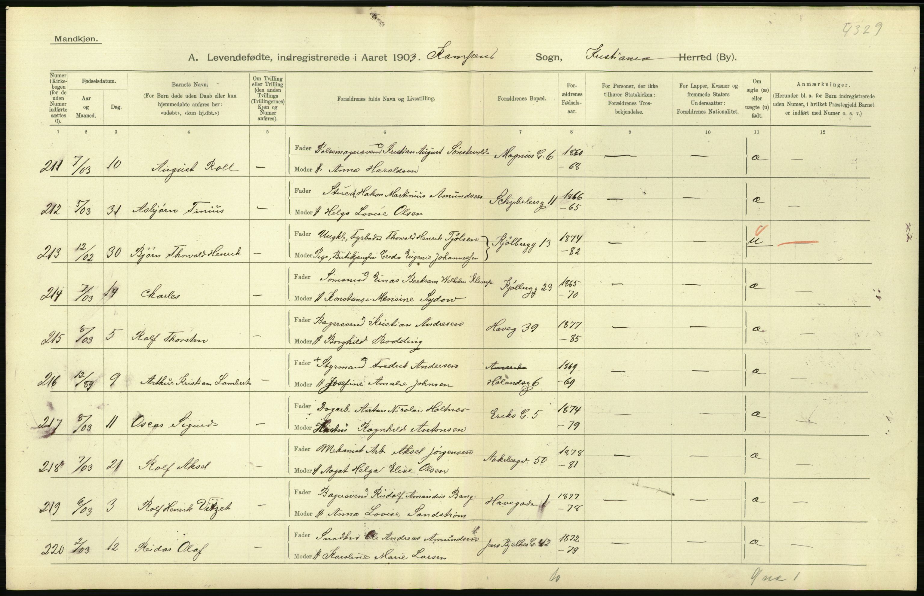 Statistisk sentralbyrå, Sosiodemografiske emner, Befolkning, AV/RA-S-2228/D/Df/Dfa/Dfaa/L0003: Kristiania: Fødte, 1903, p. 168