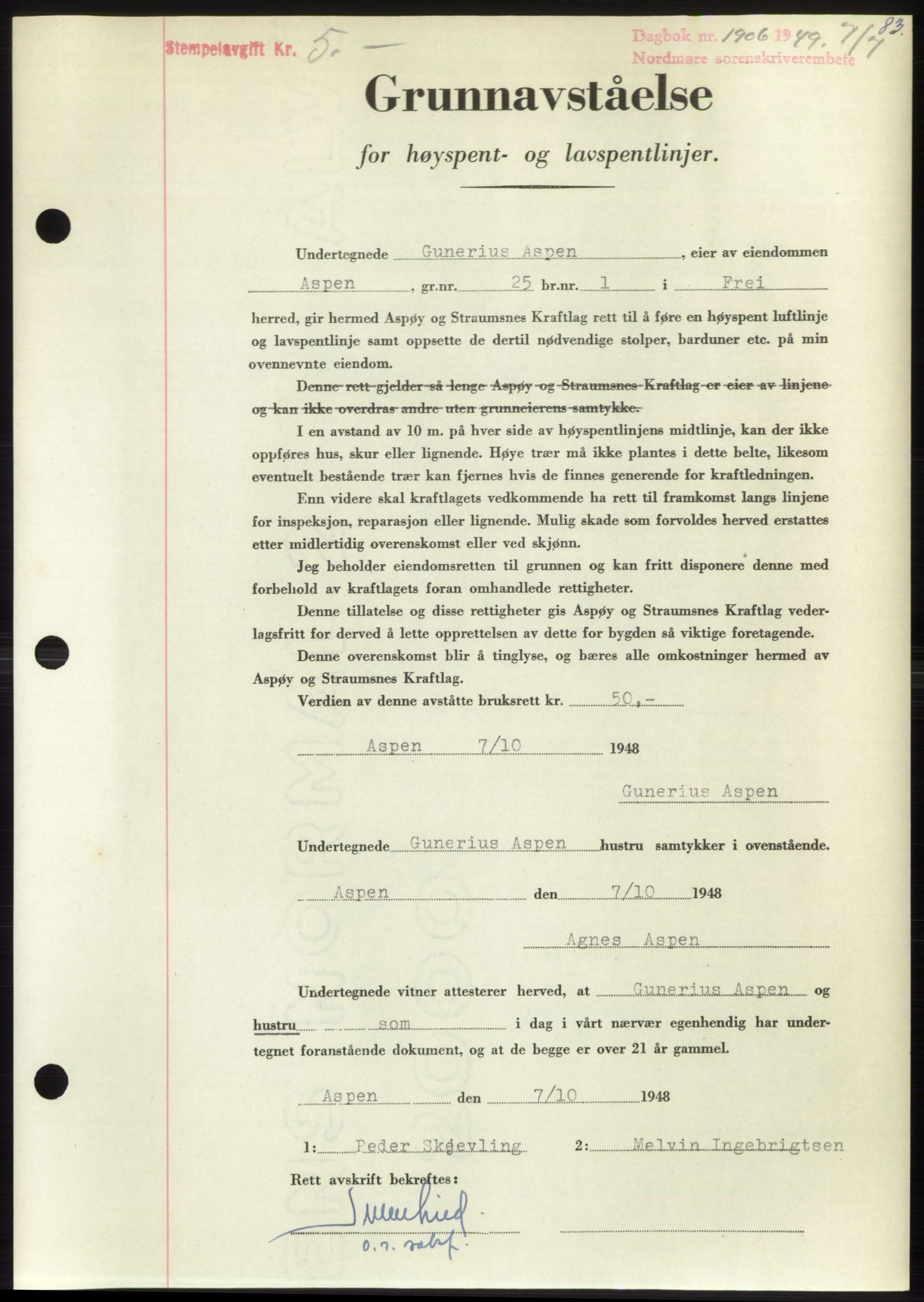 Nordmøre sorenskriveri, AV/SAT-A-4132/1/2/2Ca: Mortgage book no. B102, 1949-1949, Diary no: : 1906/1949