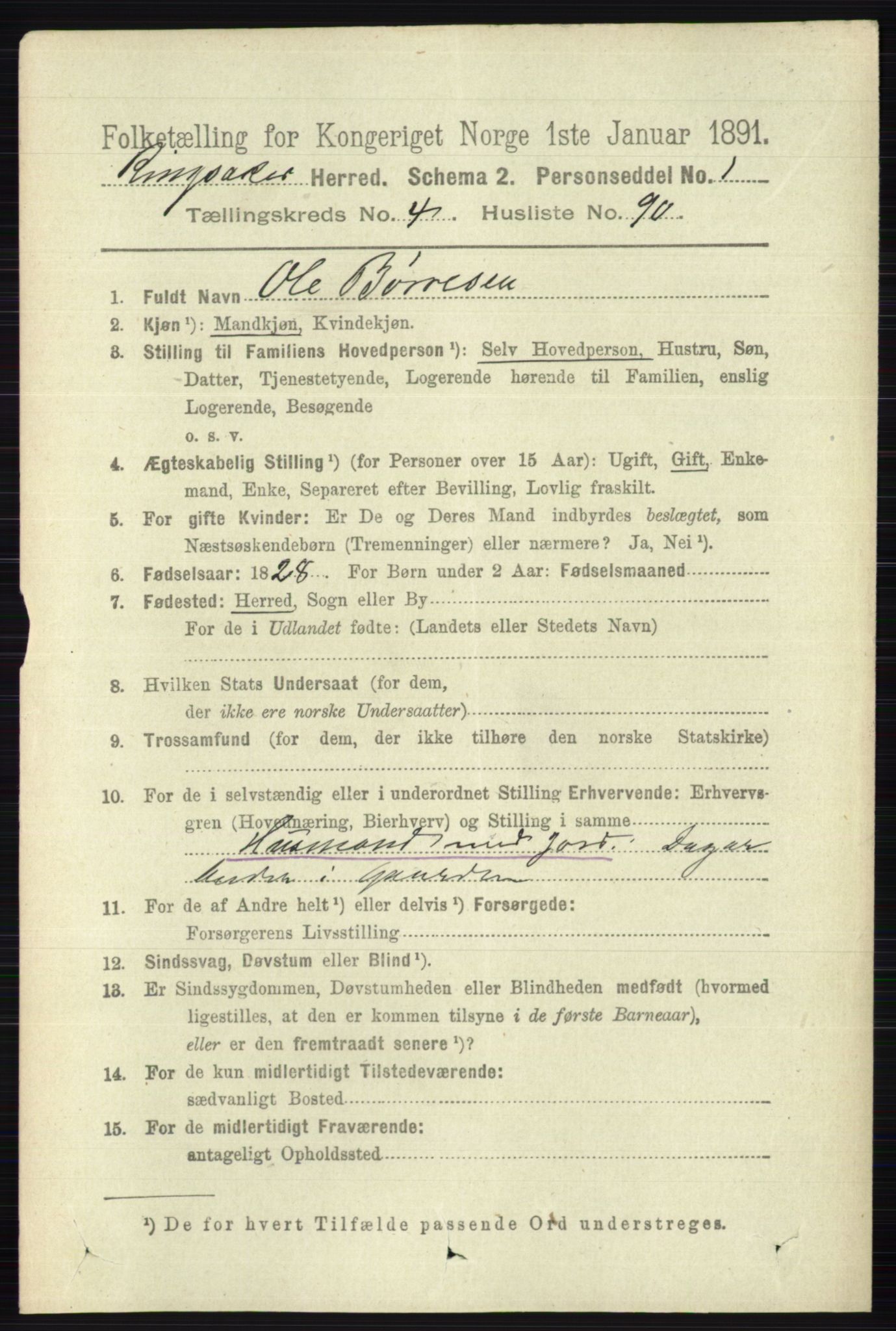 RA, 1891 census for 0412 Ringsaker, 1891, p. 2292