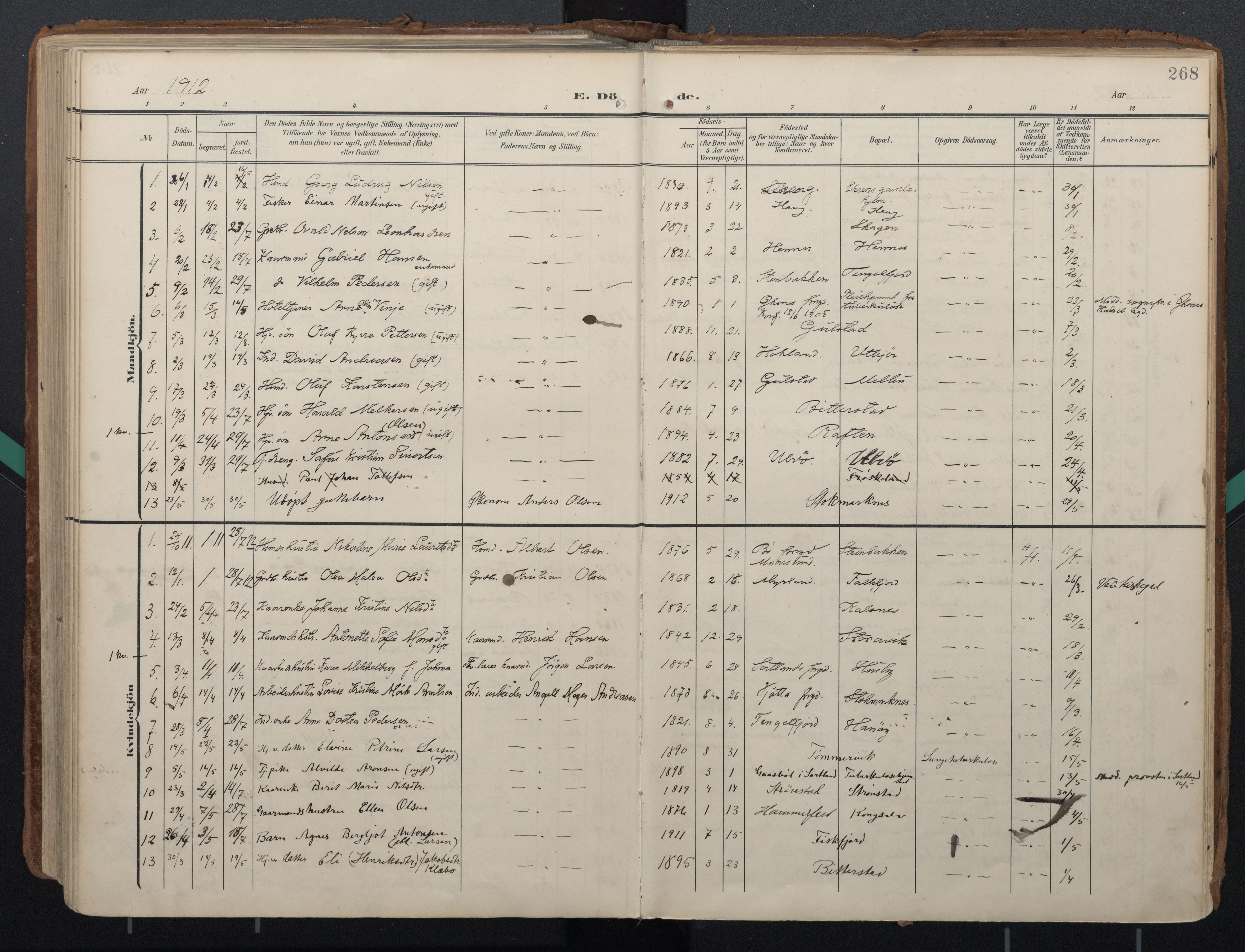 Ministerialprotokoller, klokkerbøker og fødselsregistre - Nordland, AV/SAT-A-1459/888/L1248: Parish register (official) no. 888A14, 1904-1913, p. 268