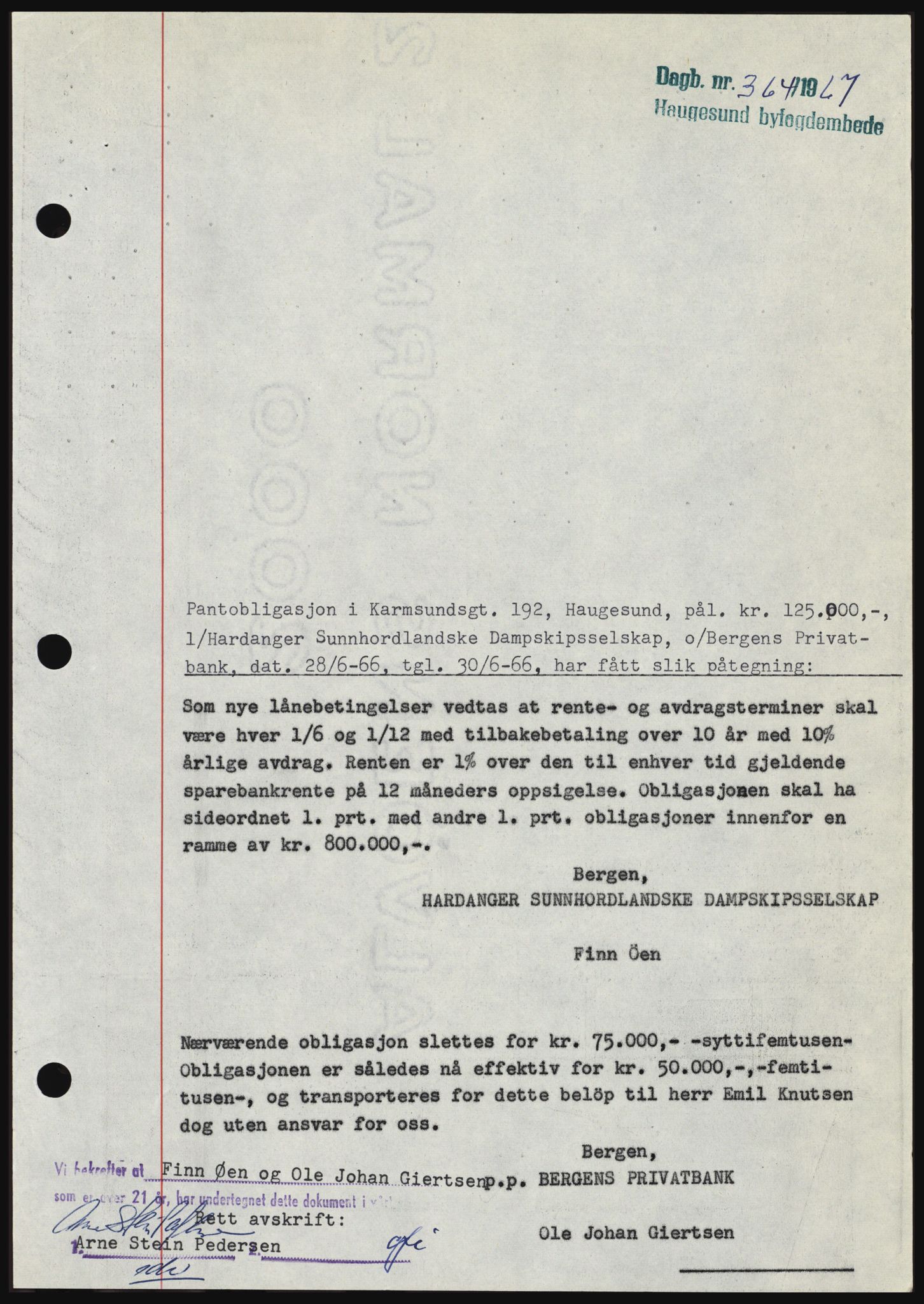 Haugesund tingrett, SAST/A-101415/01/II/IIC/L0056: Mortgage book no. B 56, 1966-1967, Diary no: : 364/1967