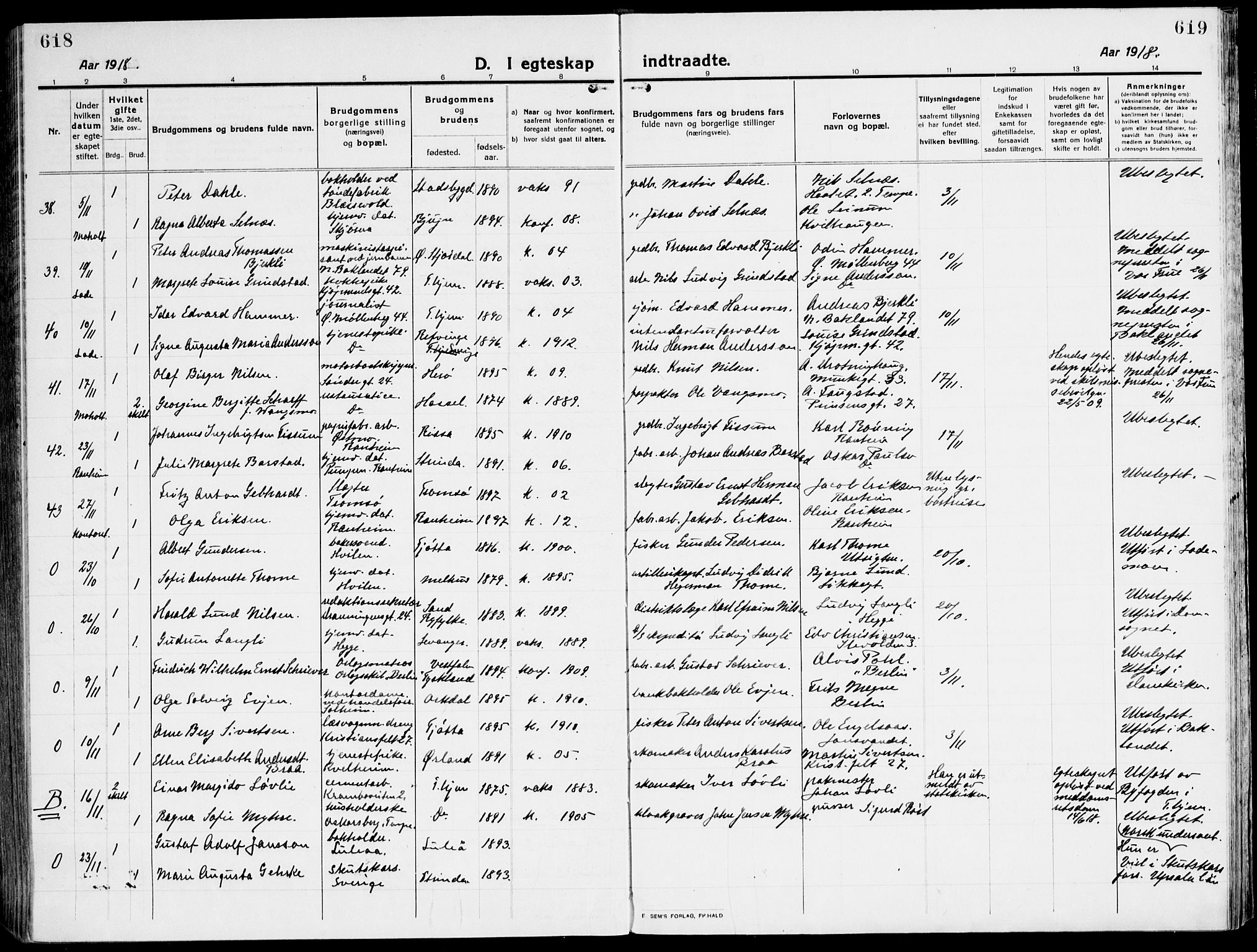 Ministerialprotokoller, klokkerbøker og fødselsregistre - Sør-Trøndelag, SAT/A-1456/607/L0321: Parish register (official) no. 607A05, 1916-1935, p. 618-619