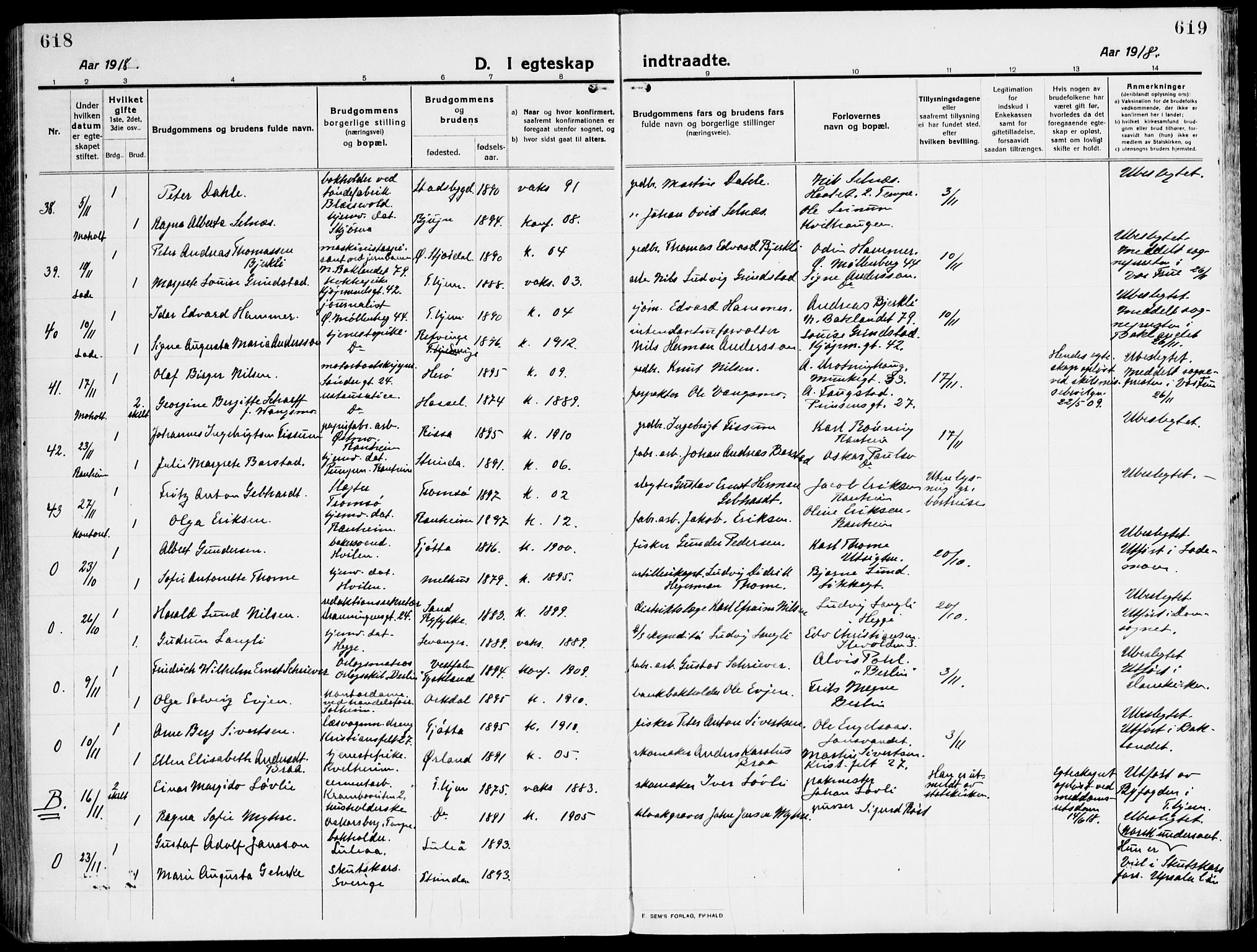 Ministerialprotokoller, klokkerbøker og fødselsregistre - Sør-Trøndelag, AV/SAT-A-1456/607/L0321: Parish register (official) no. 607A05, 1916-1935, p. 618-619