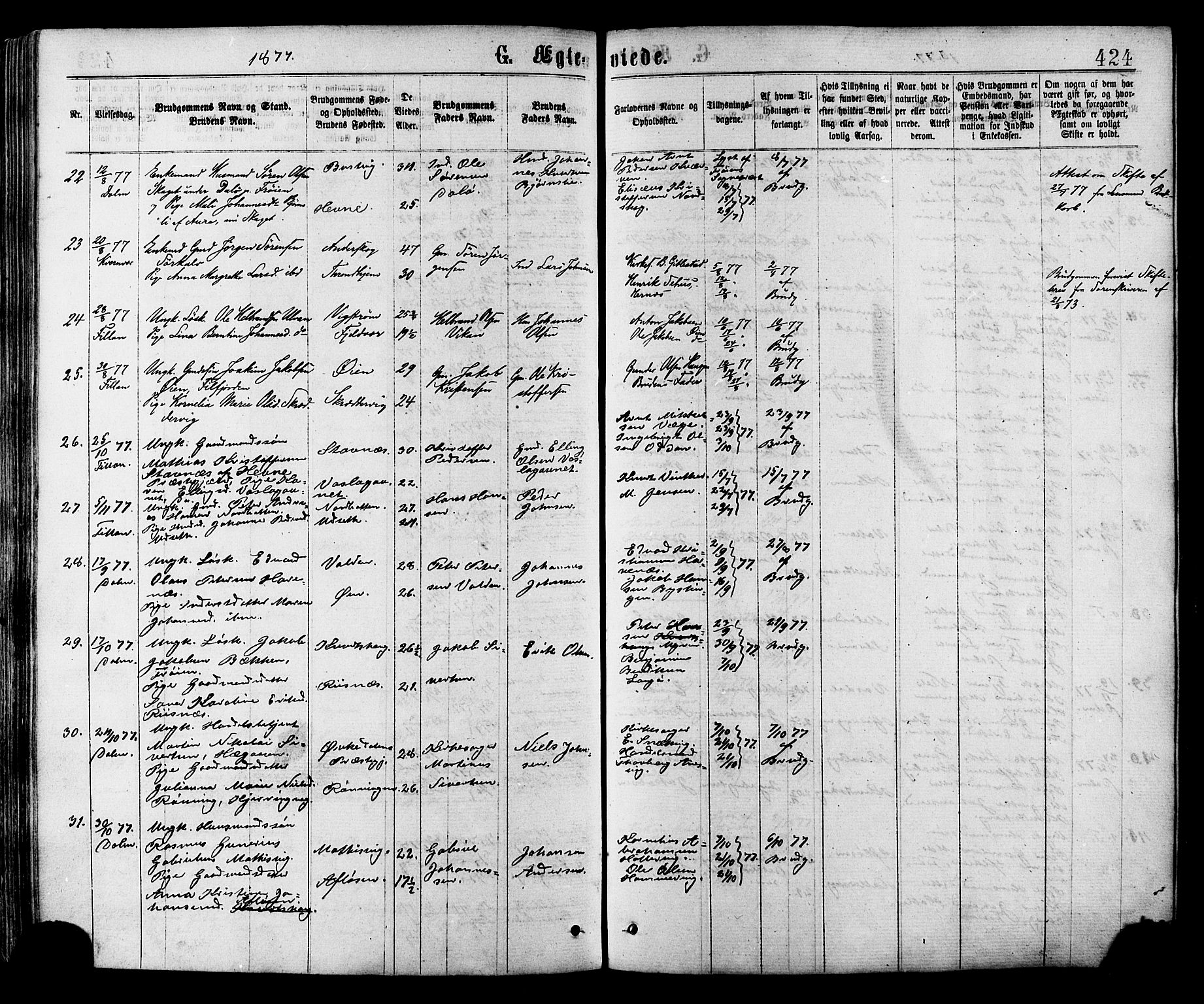 Ministerialprotokoller, klokkerbøker og fødselsregistre - Sør-Trøndelag, AV/SAT-A-1456/634/L0532: Parish register (official) no. 634A08, 1871-1881, p. 424