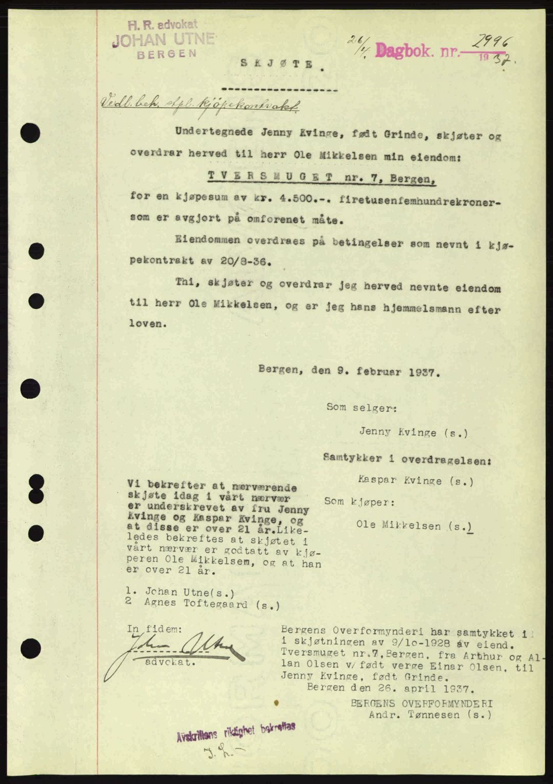 Byfogd og Byskriver i Bergen, SAB/A-3401/03/03Bc/L0004: Mortgage book no. A3-4, 1936-1937, Diary no: : 2996/1937