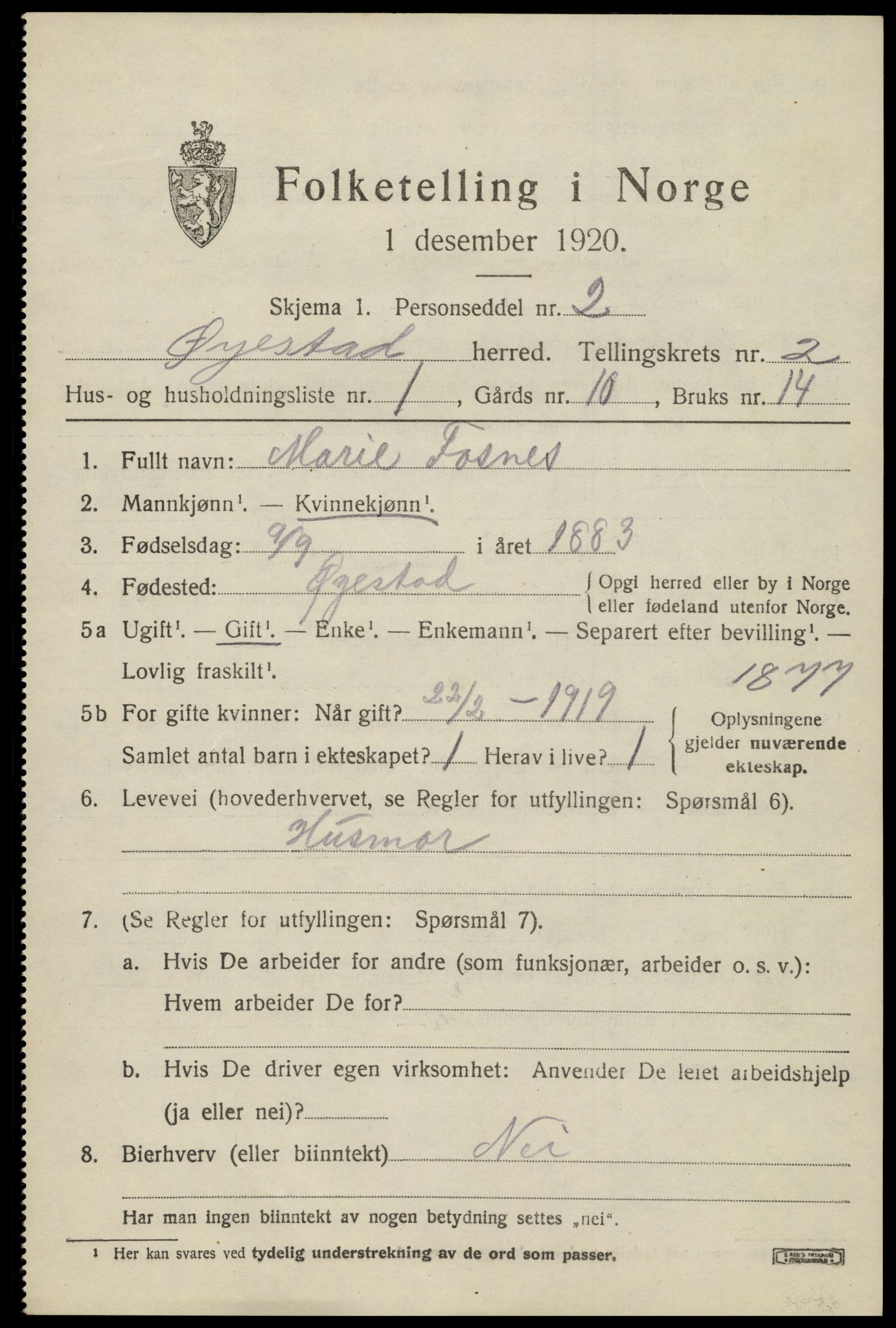 SAK, 1920 census for Øyestad, 1920, p. 2240