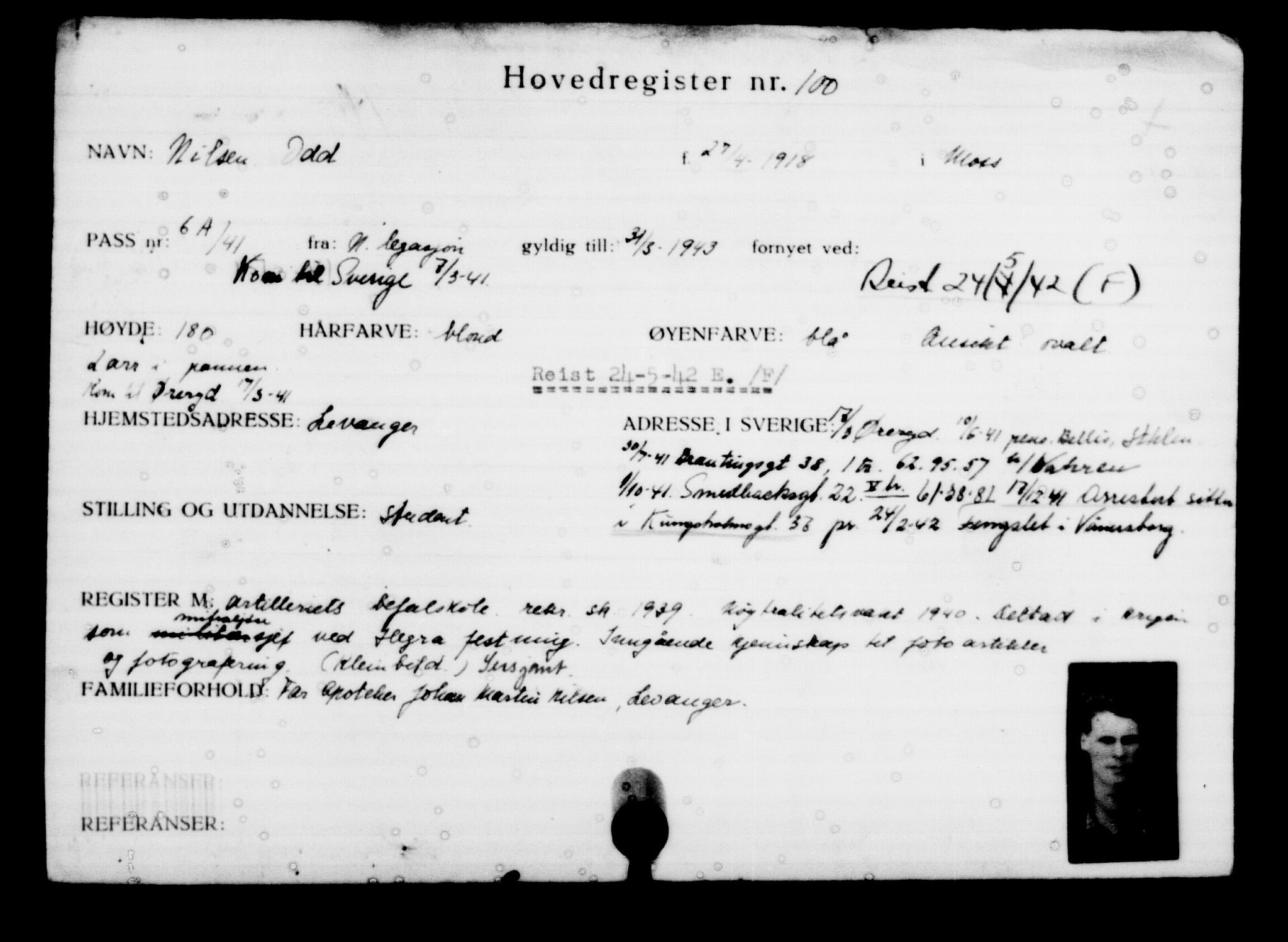 Utenriksstasjonene, Legasjonen i Stockholm, Flyktningkontoret, AV/RA-S-6753/V/Va/L0001: Kjesäterkartoteket, flyktninger med registreringsnr. 1-1000, 1940-1945, p. 170