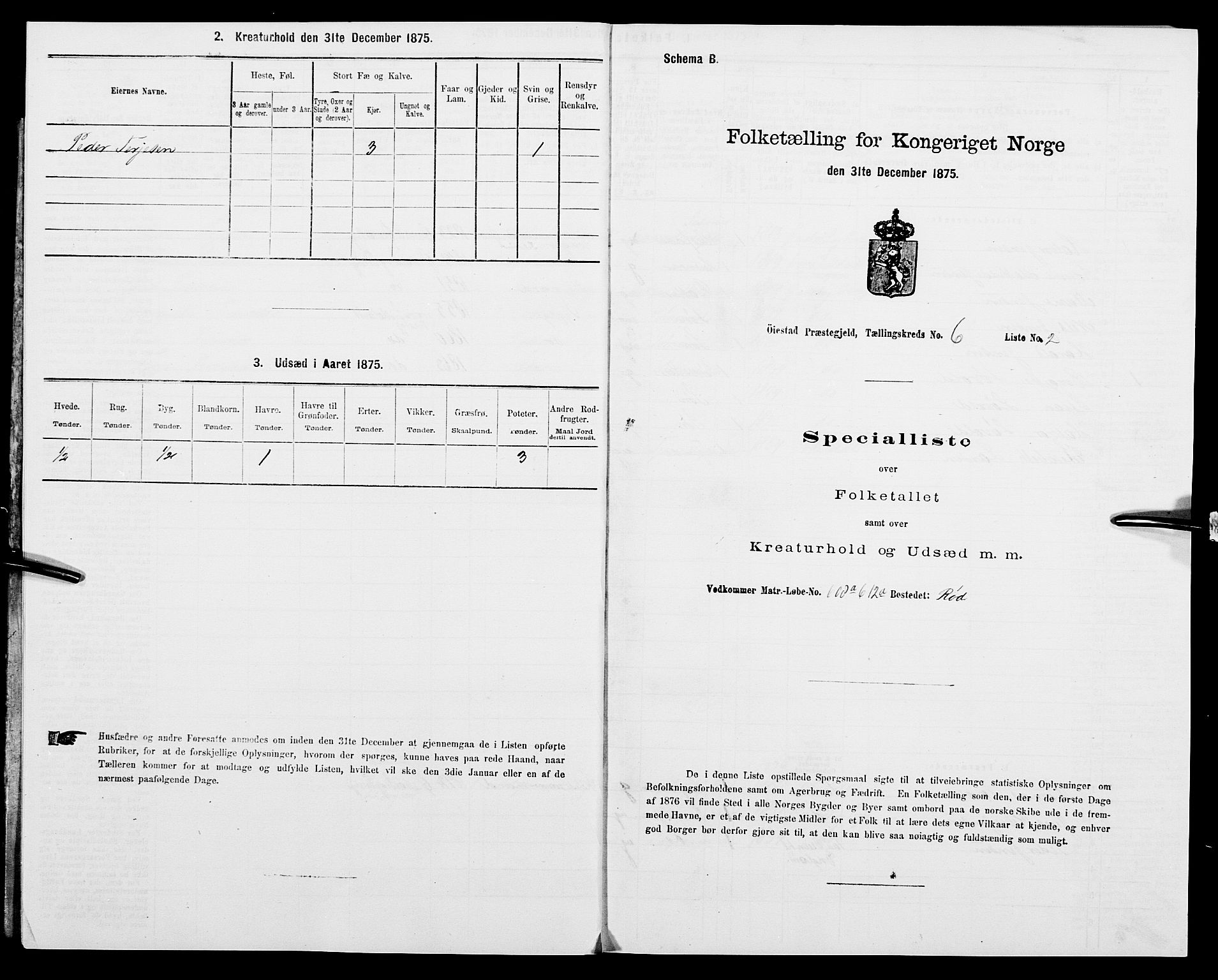 SAK, 1875 census for 0920P Øyestad, 1875, p. 697