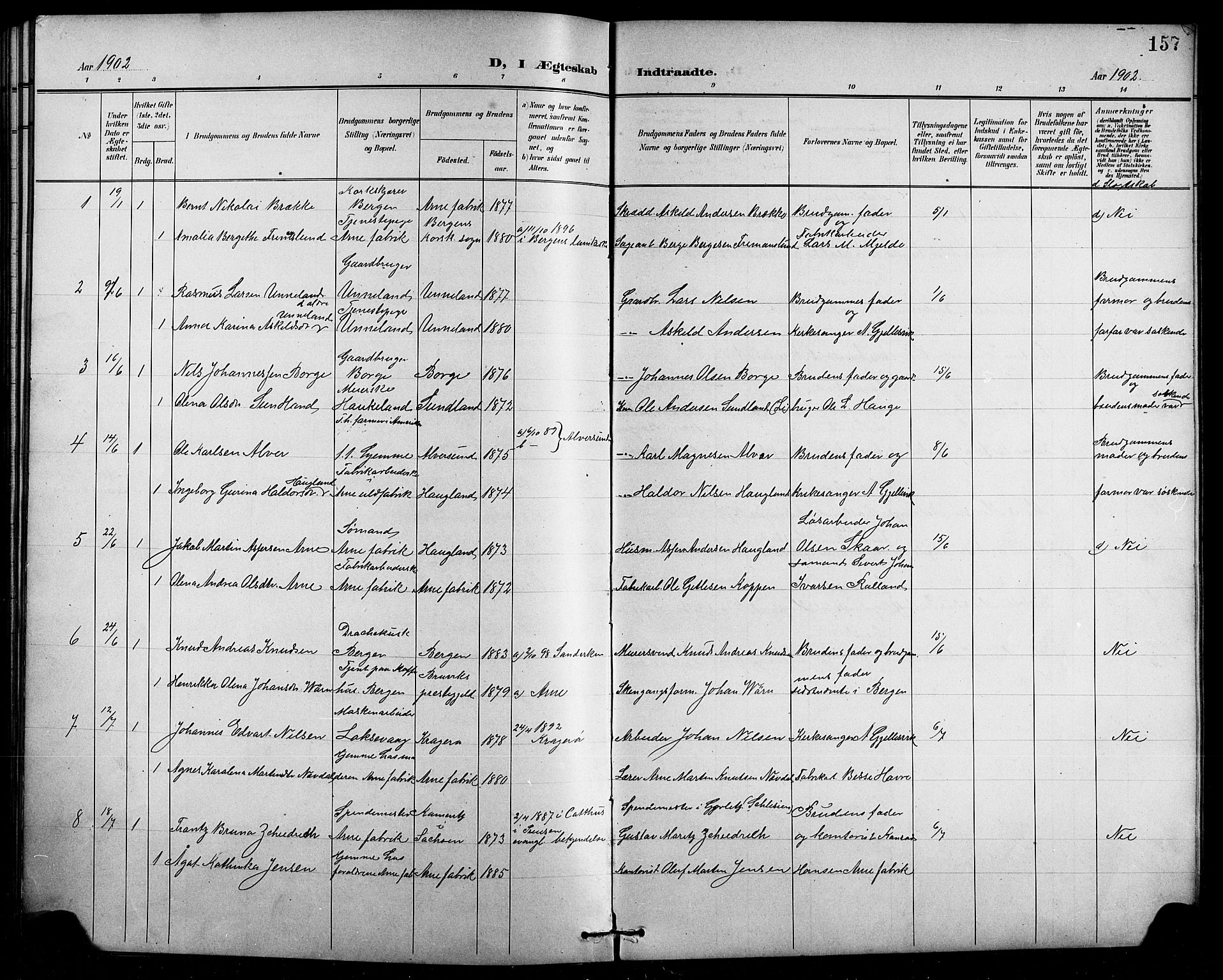 Arna Sokneprestembete, SAB/A-74001/H/Ha/Hab: Parish register (copy) no. A 4, 1898-1910, p. 157