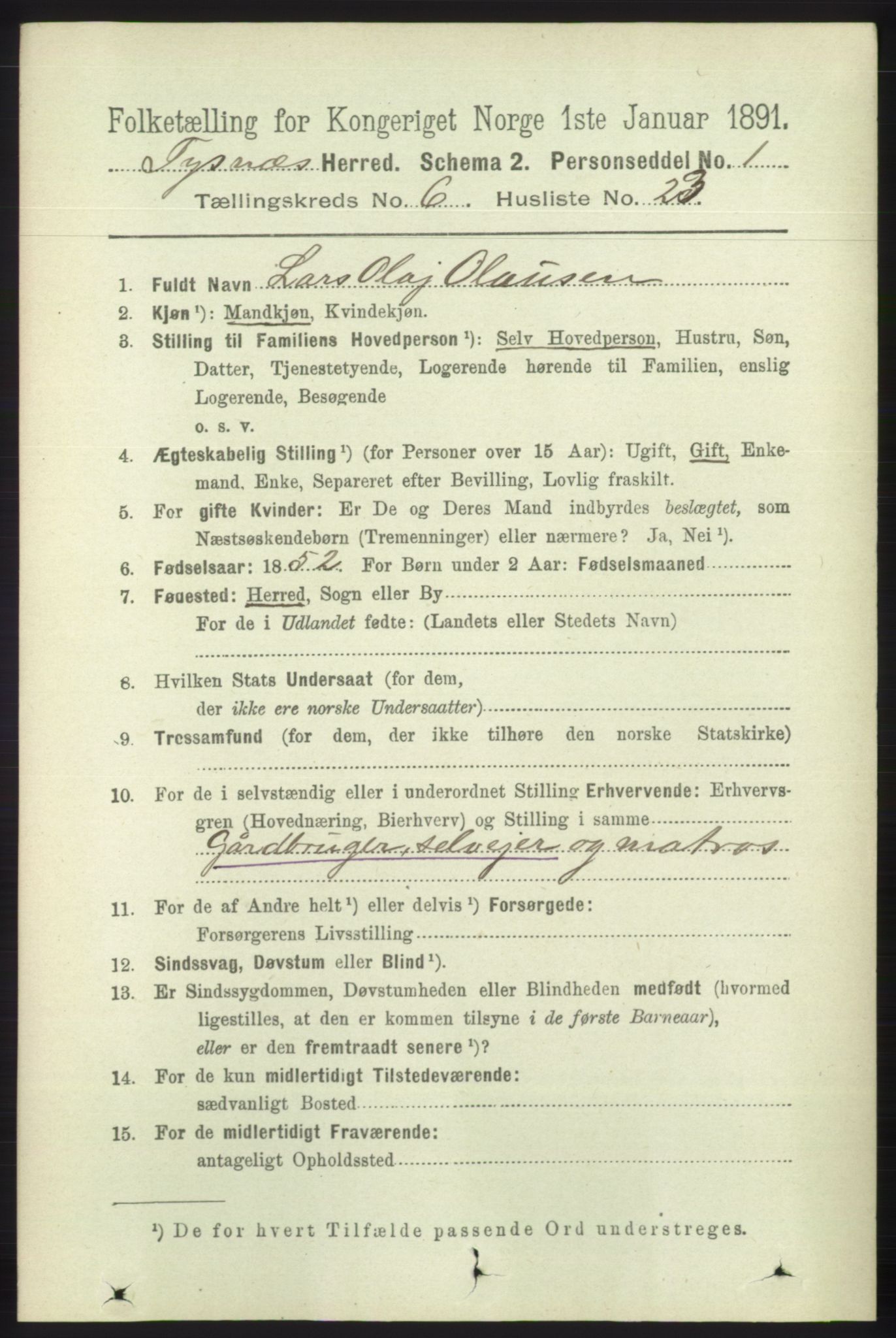 RA, 1891 census for 1223 Tysnes, 1891, p. 2480