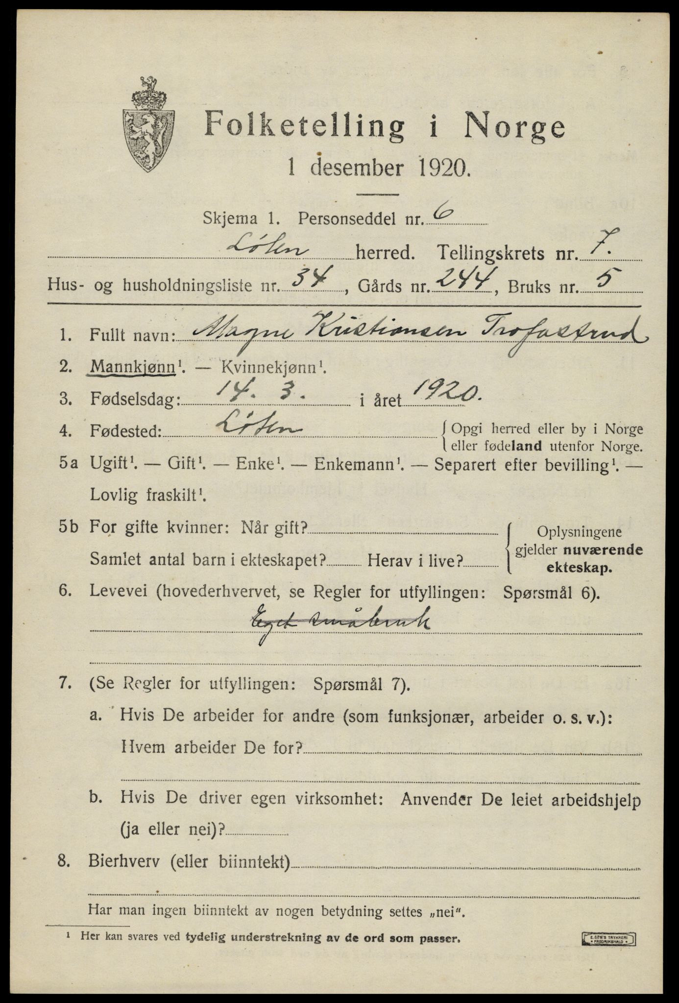 SAH, 1920 census for Løten, 1920, p. 14221