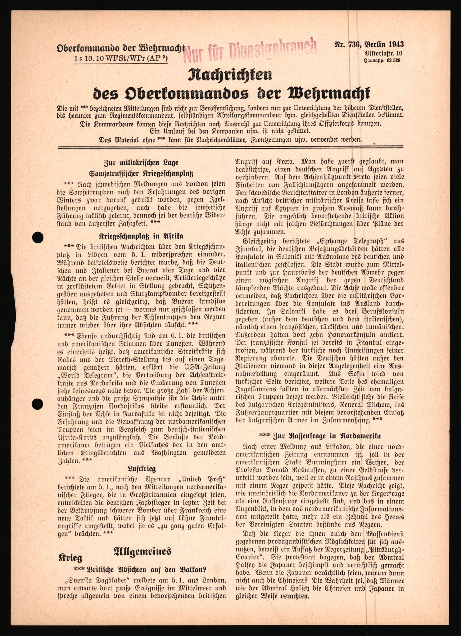 Forsvarets Overkommando. 2 kontor. Arkiv 11.4. Spredte tyske arkivsaker, AV/RA-RAFA-7031/D/Dar/Dara/L0021: Nachrichten des OKW, 1943-1945, p. 6