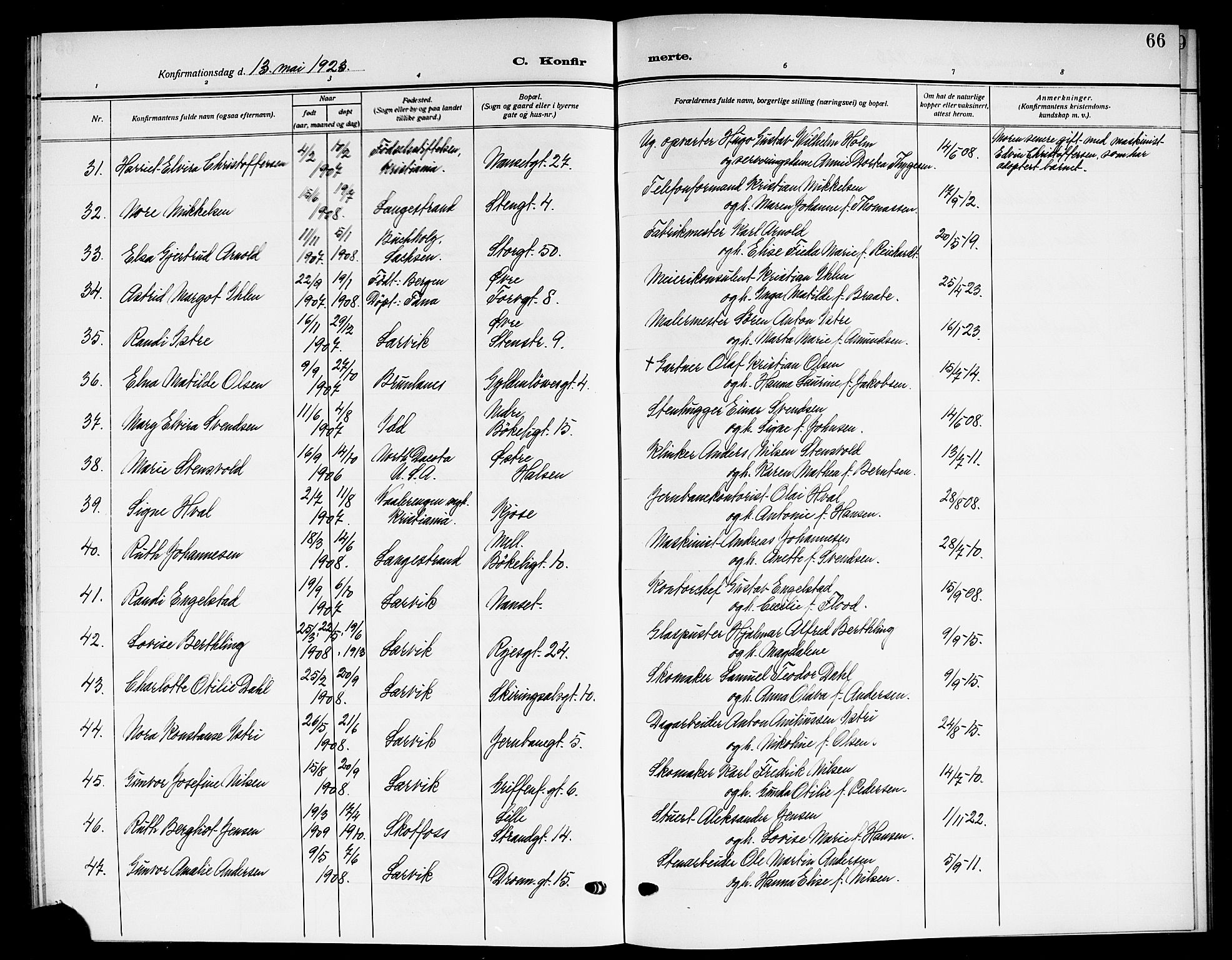Larvik kirkebøker, AV/SAKO-A-352/G/Ga/L0009: Parish register (copy) no. I 9, 1918-1923, p. 66