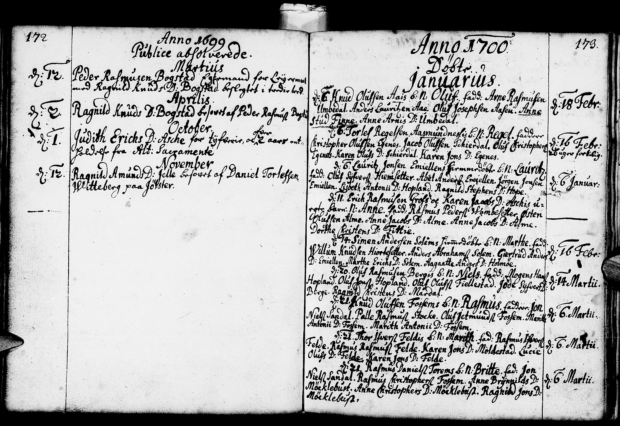 Gloppen sokneprestembete, AV/SAB-A-80101/H/Haa/Haaa/L0001: Parish register (official) no. A 1, 1686-1711, p. 172-173