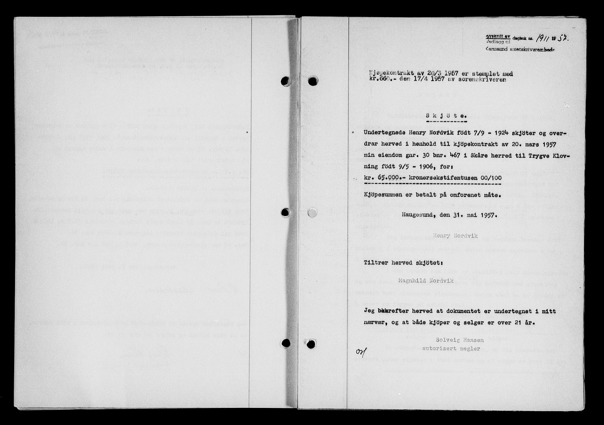 Karmsund sorenskriveri, AV/SAST-A-100311/01/II/IIB/L0125: Mortgage book no. 105A, 1957-1957, Diary no: : 1911/1957