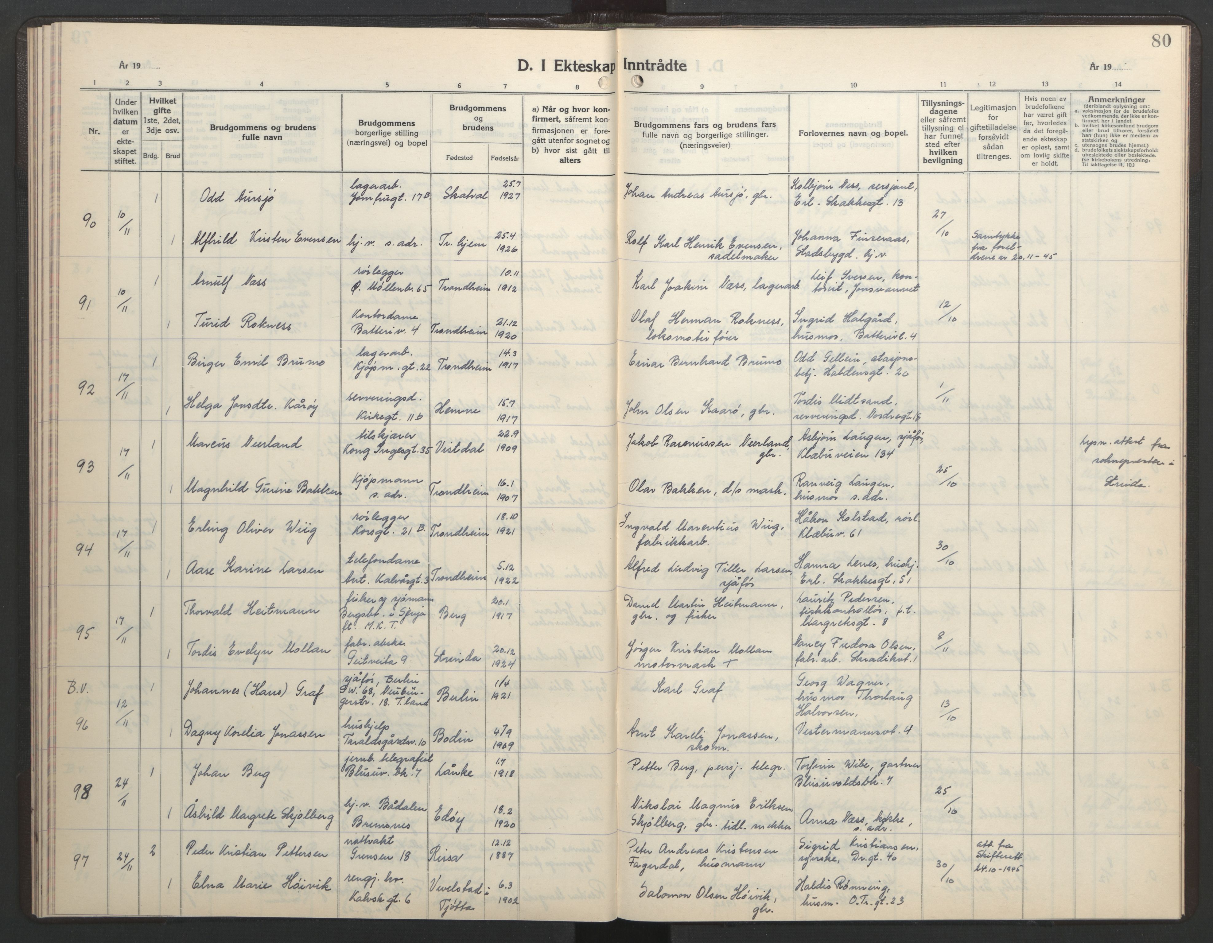 Ministerialprotokoller, klokkerbøker og fødselsregistre - Sør-Trøndelag, SAT/A-1456/602/L0154: Parish register (copy) no. 602C22, 1940-1947, p. 80