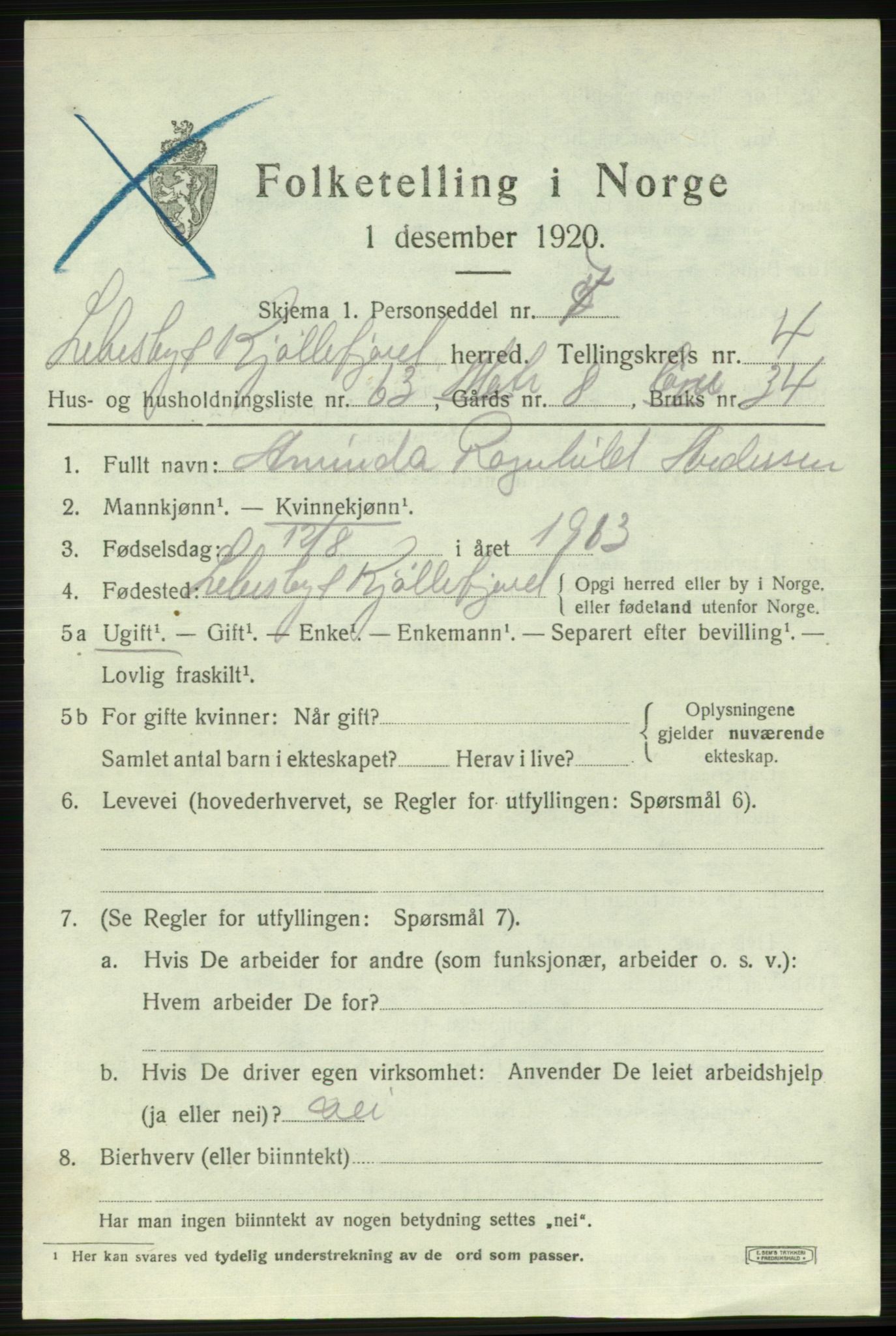 SATØ, 1920 census for Lebesby, 1920, p. 2405