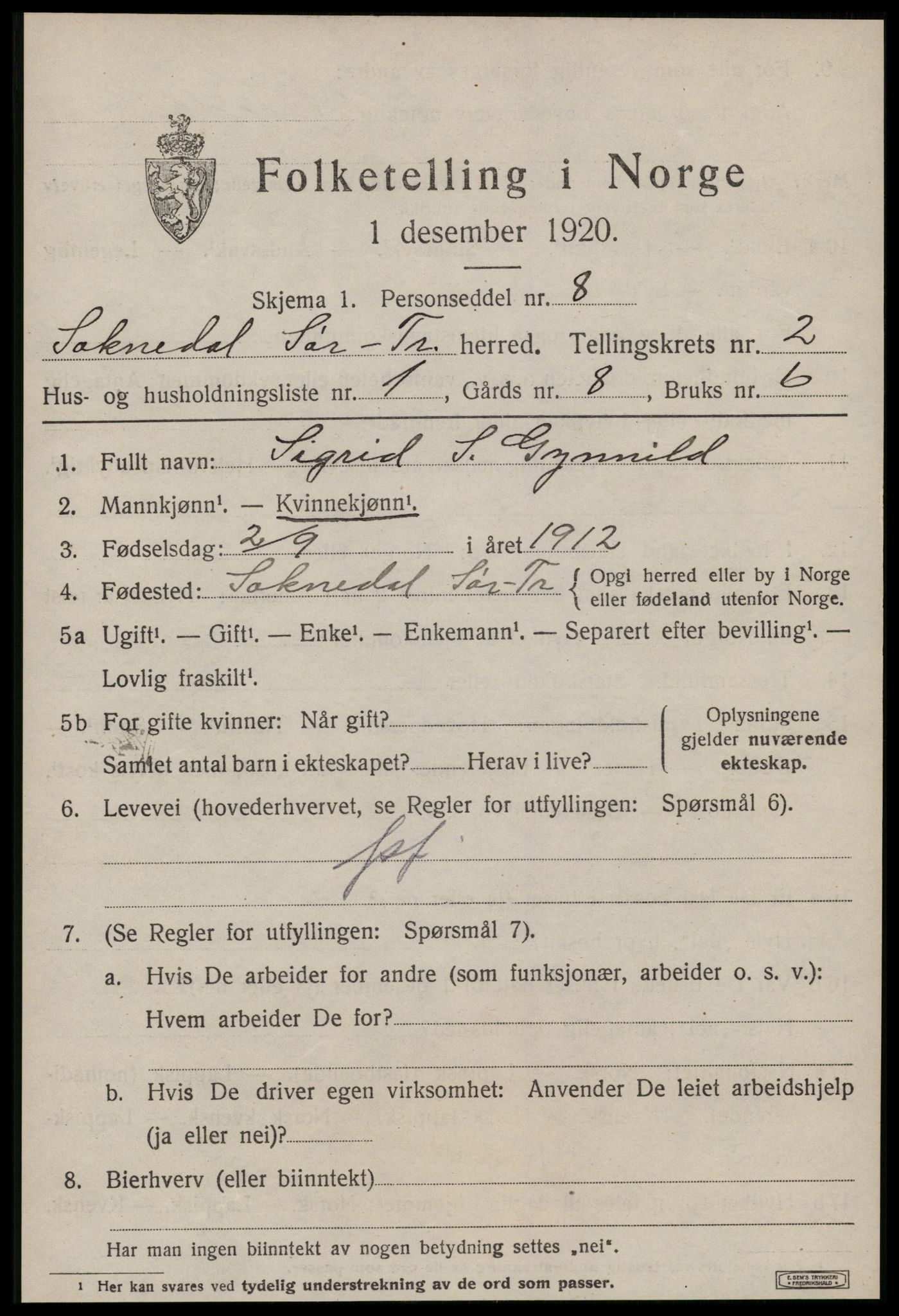 SAT, 1920 census for Soknedal, 1920, p. 1226