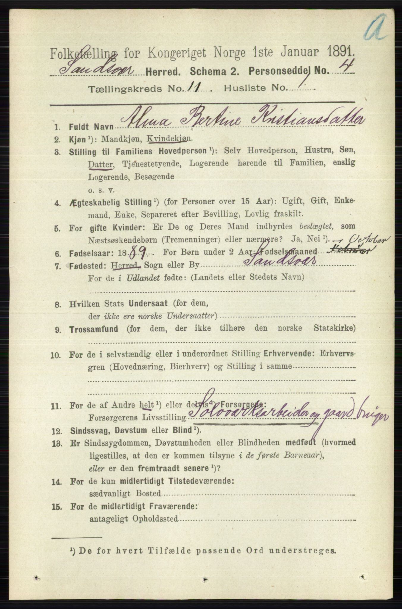 RA, 1891 census for 0629 Sandsvær, 1891, p. 5487