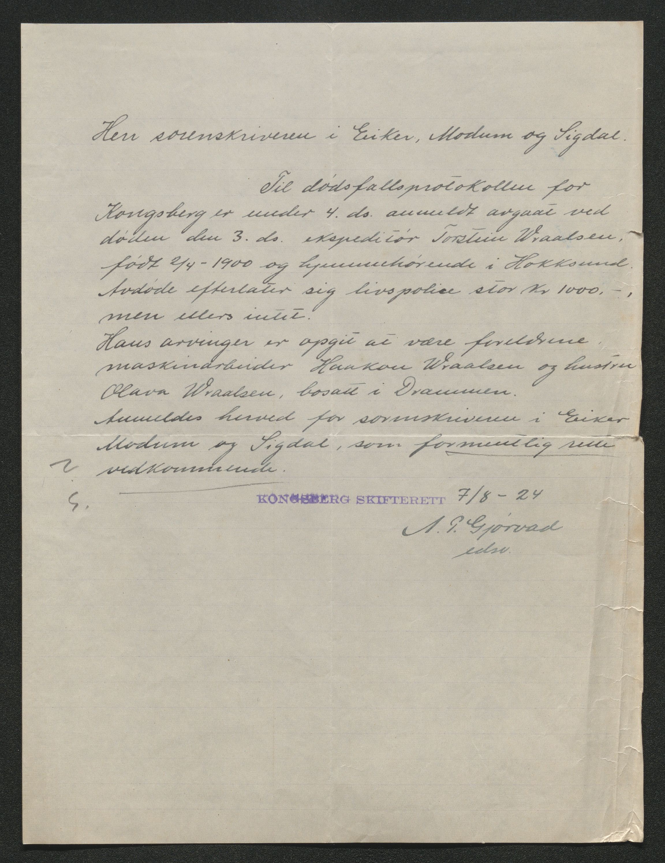 Eiker, Modum og Sigdal sorenskriveri, AV/SAKO-A-123/H/Ha/Hab/L0042: Dødsfallsmeldinger, 1924, p. 341