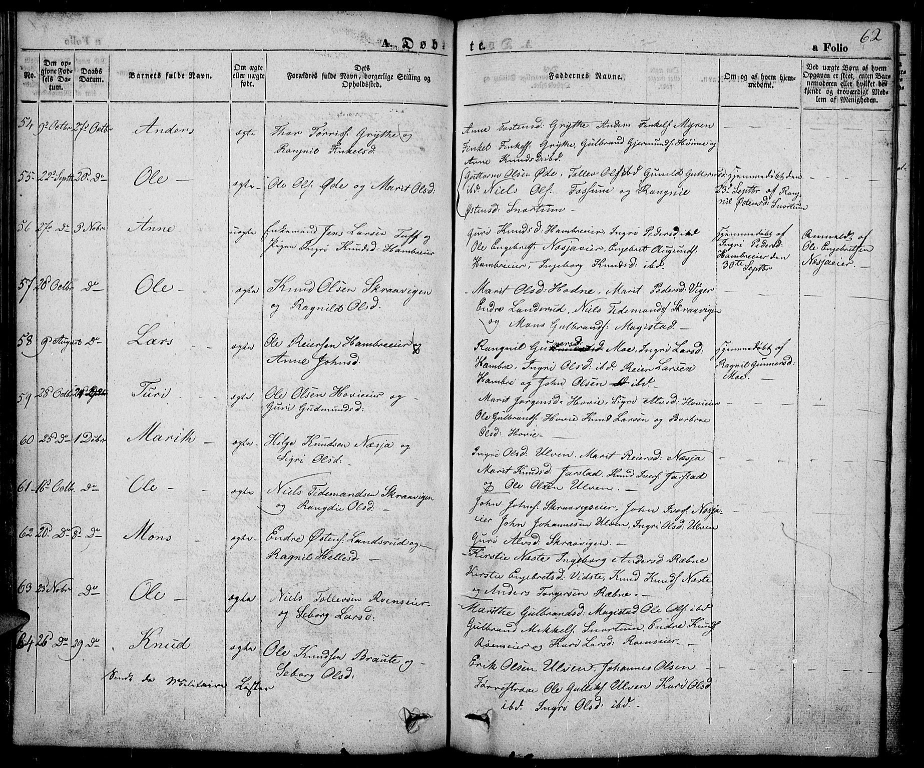 Slidre prestekontor, AV/SAH-PREST-134/H/Ha/Haa/L0003: Parish register (official) no. 3, 1831-1843, p. 62