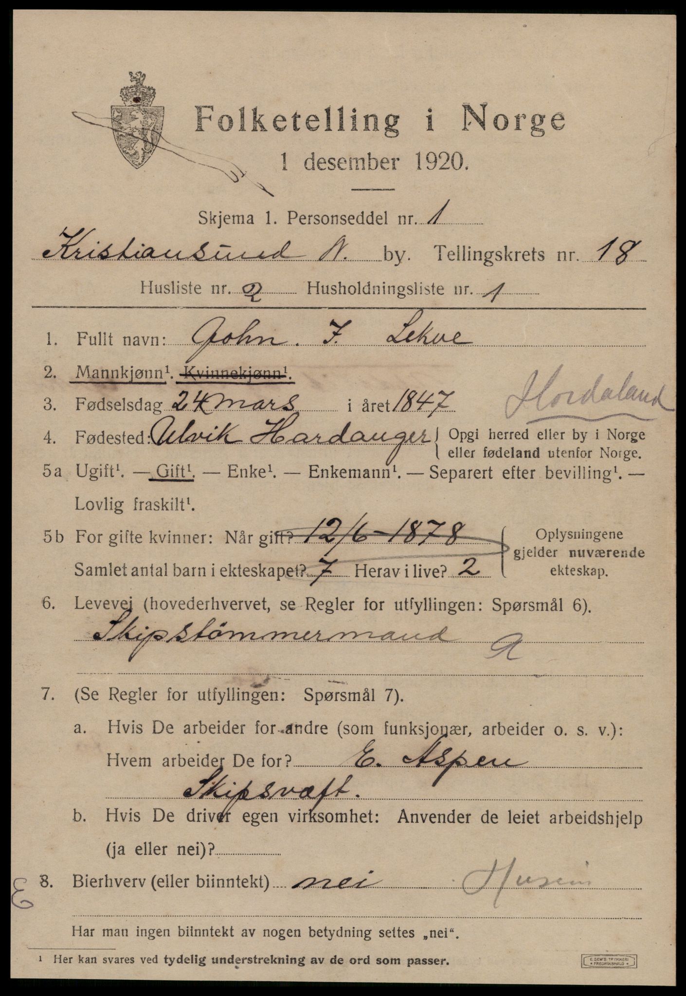 SAT, 1920 census for Kristiansund, 1920, p. 36971