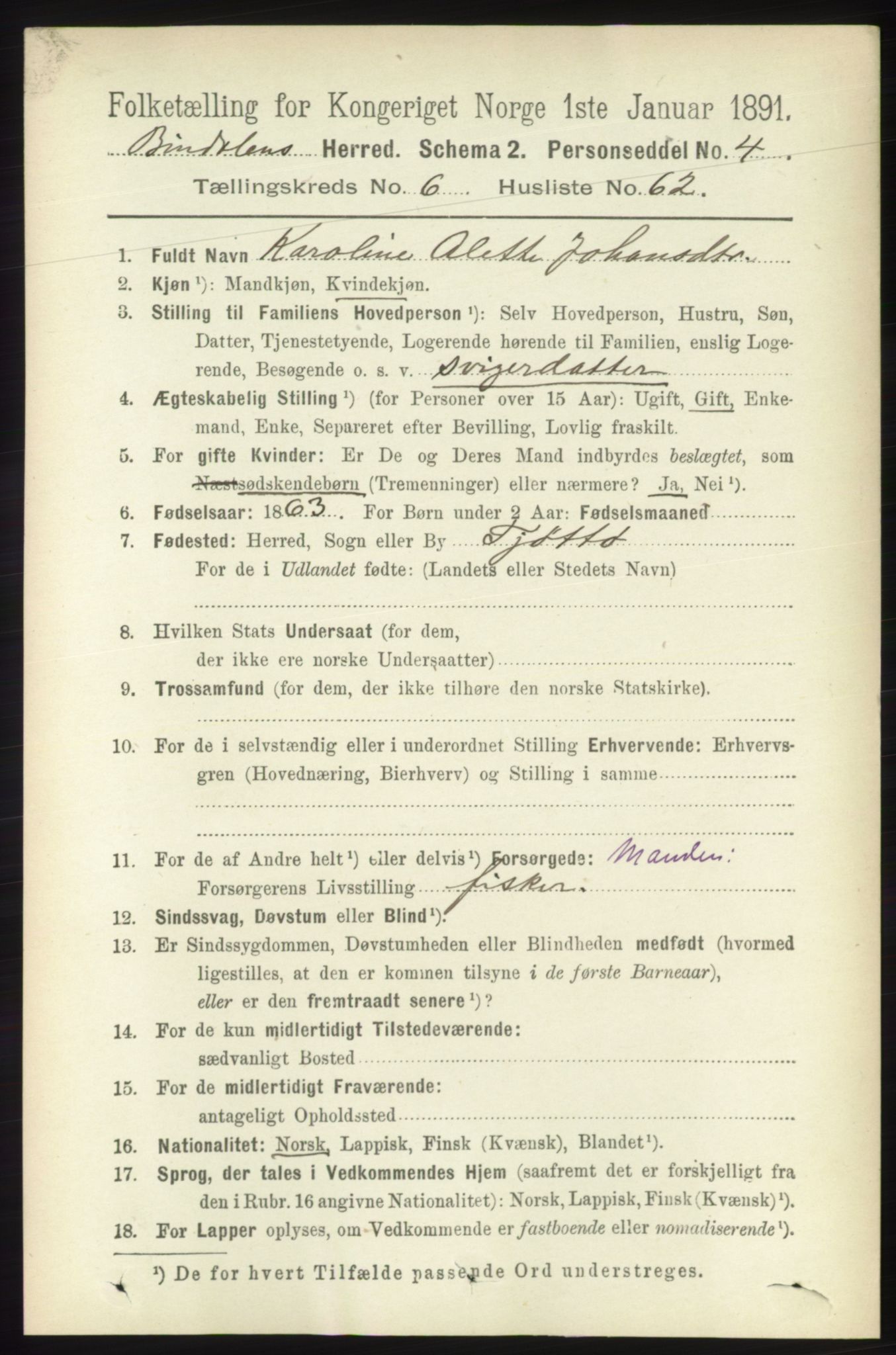 RA, 1891 census for 1811 Bindal, 1891, p. 2133