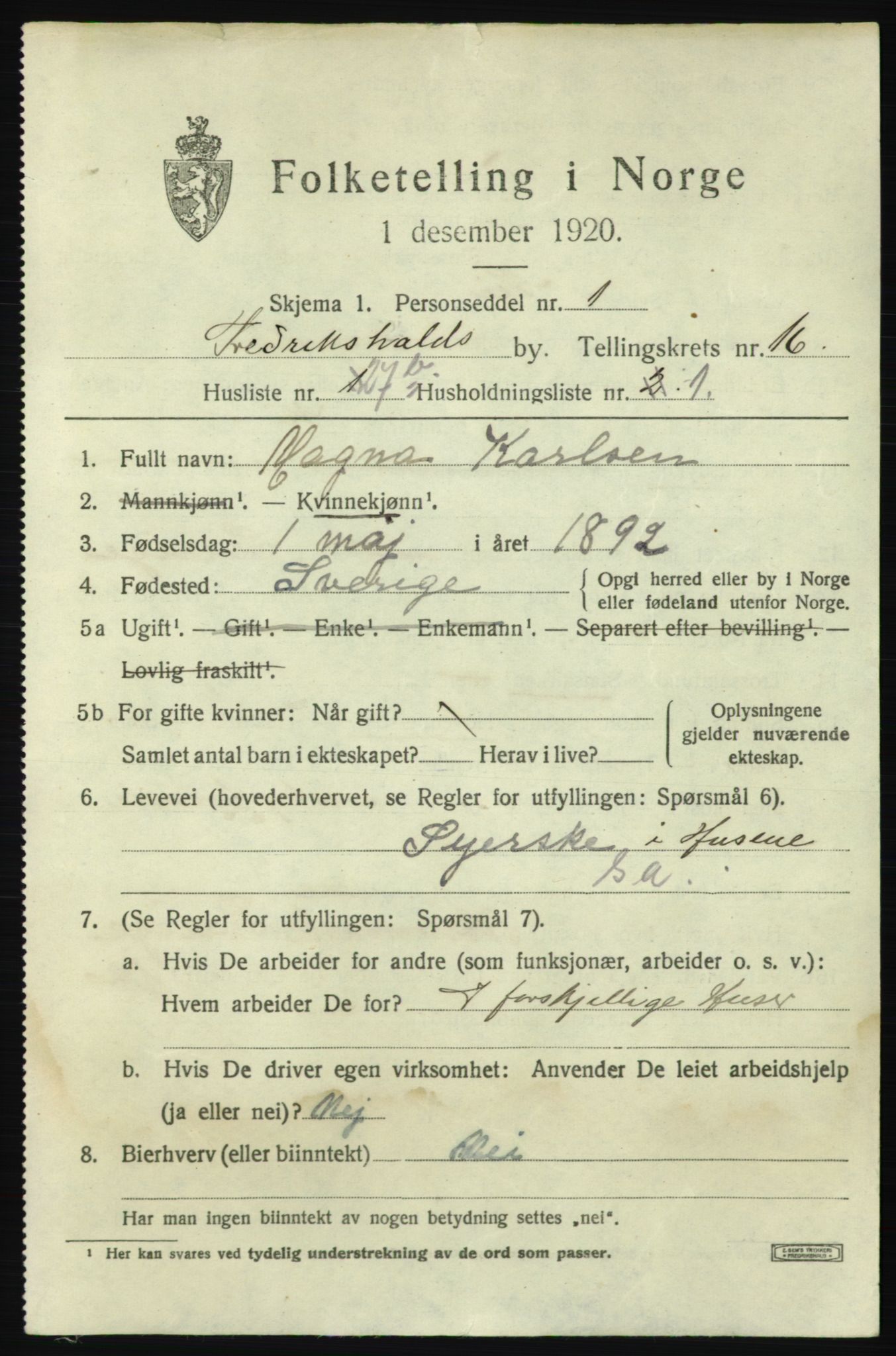 SAO, 1920 census for Fredrikshald, 1920, p. 25761