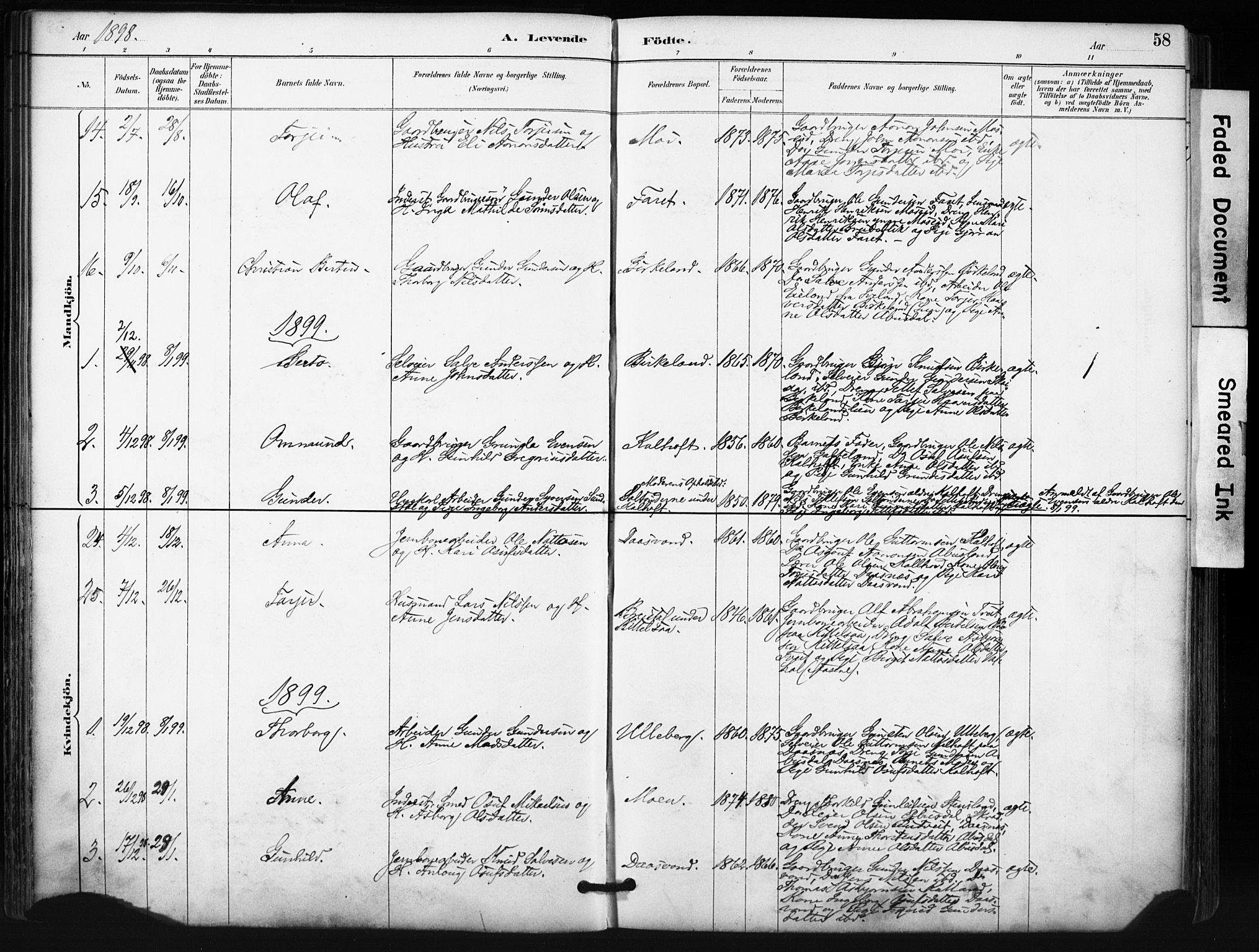 Evje sokneprestkontor, SAK/1111-0008/F/Fa/Fab/L0003: Parish register (official) no. A 3, 1884-1909, p. 58