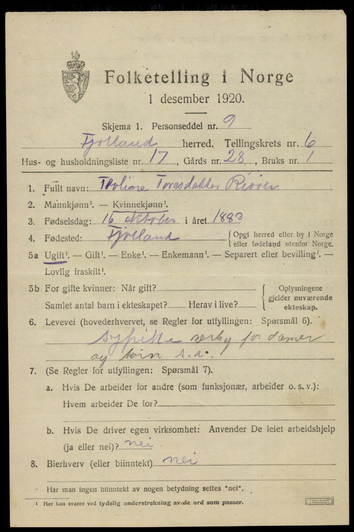 SAK, 1920 census for Fjotland, 1920, p. 1806