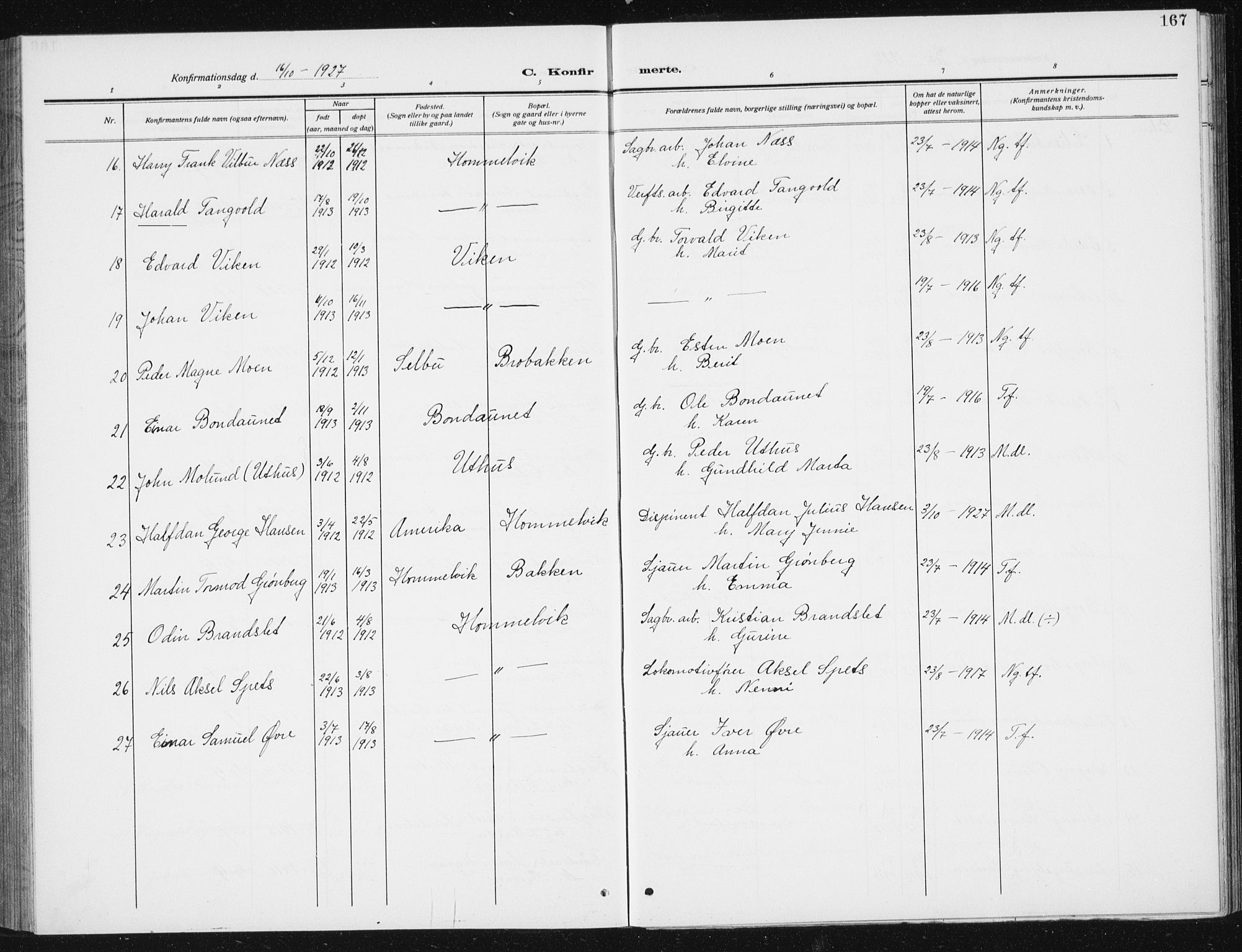 Ministerialprotokoller, klokkerbøker og fødselsregistre - Sør-Trøndelag, SAT/A-1456/617/L0431: Parish register (copy) no. 617C02, 1910-1936, p. 167