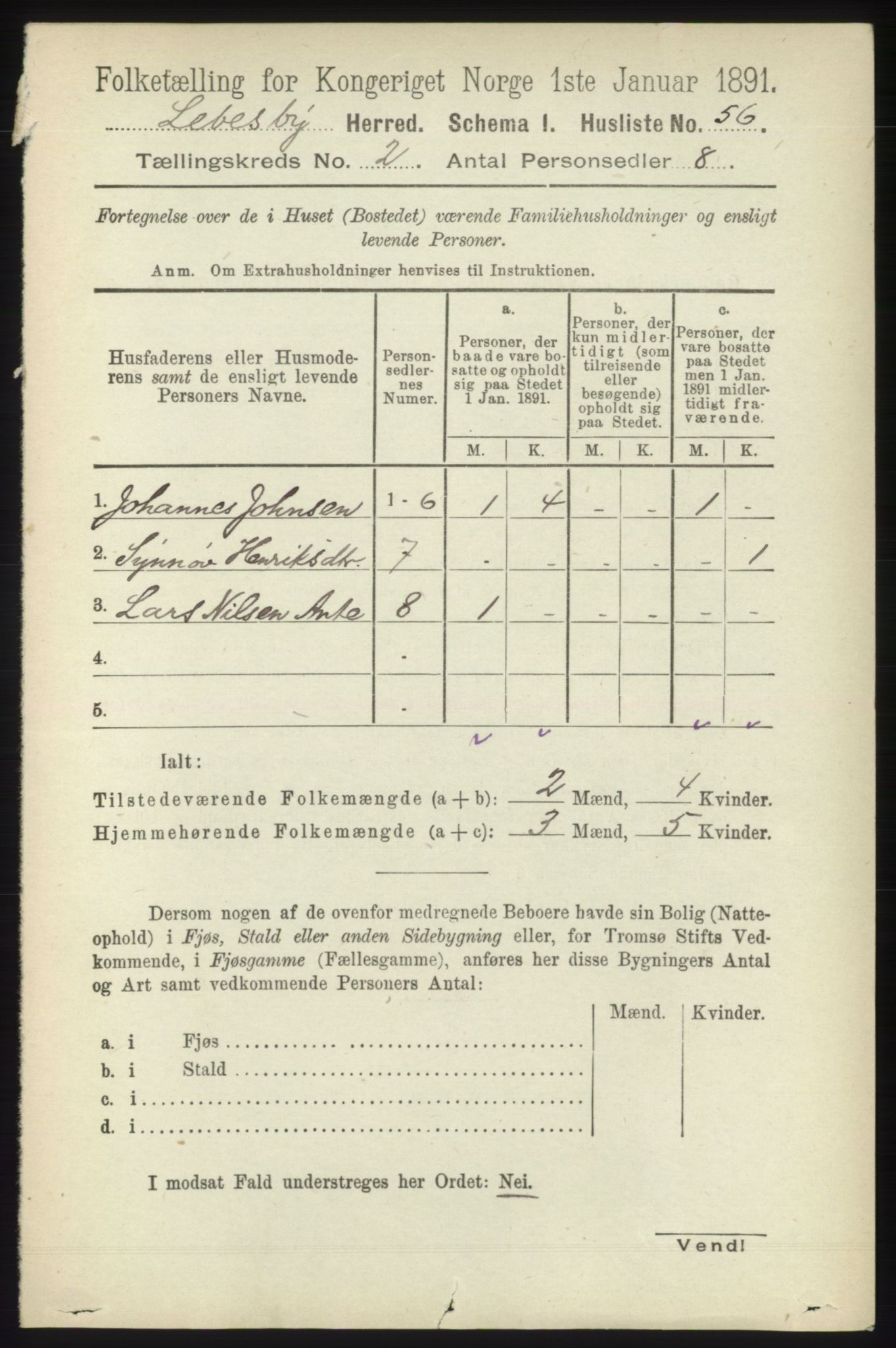 RA, 1891 census for 2022 Lebesby, 1891, p. 309