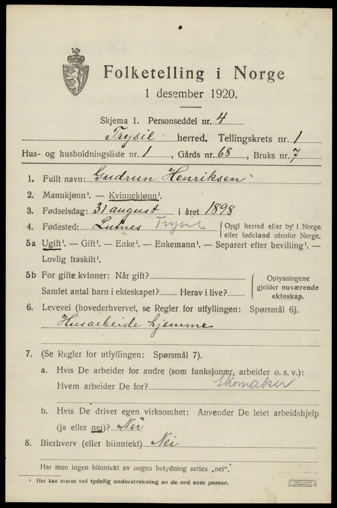 SAH, 1920 census for Trysil, 1920, p. 2543