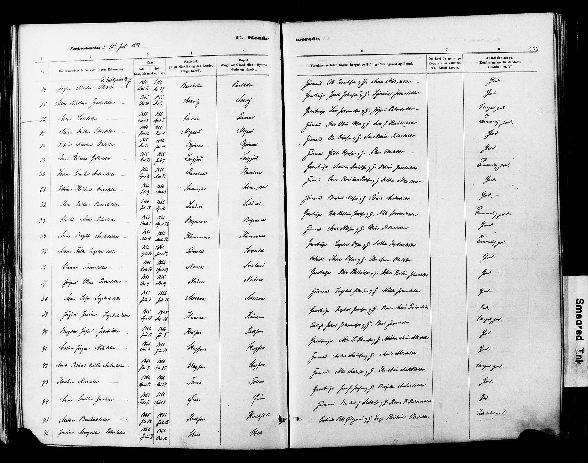 Ministerialprotokoller, klokkerbøker og fødselsregistre - Nordland, AV/SAT-A-1459/820/L0295: Parish register (official) no. 820A16, 1880-1896, p. 177