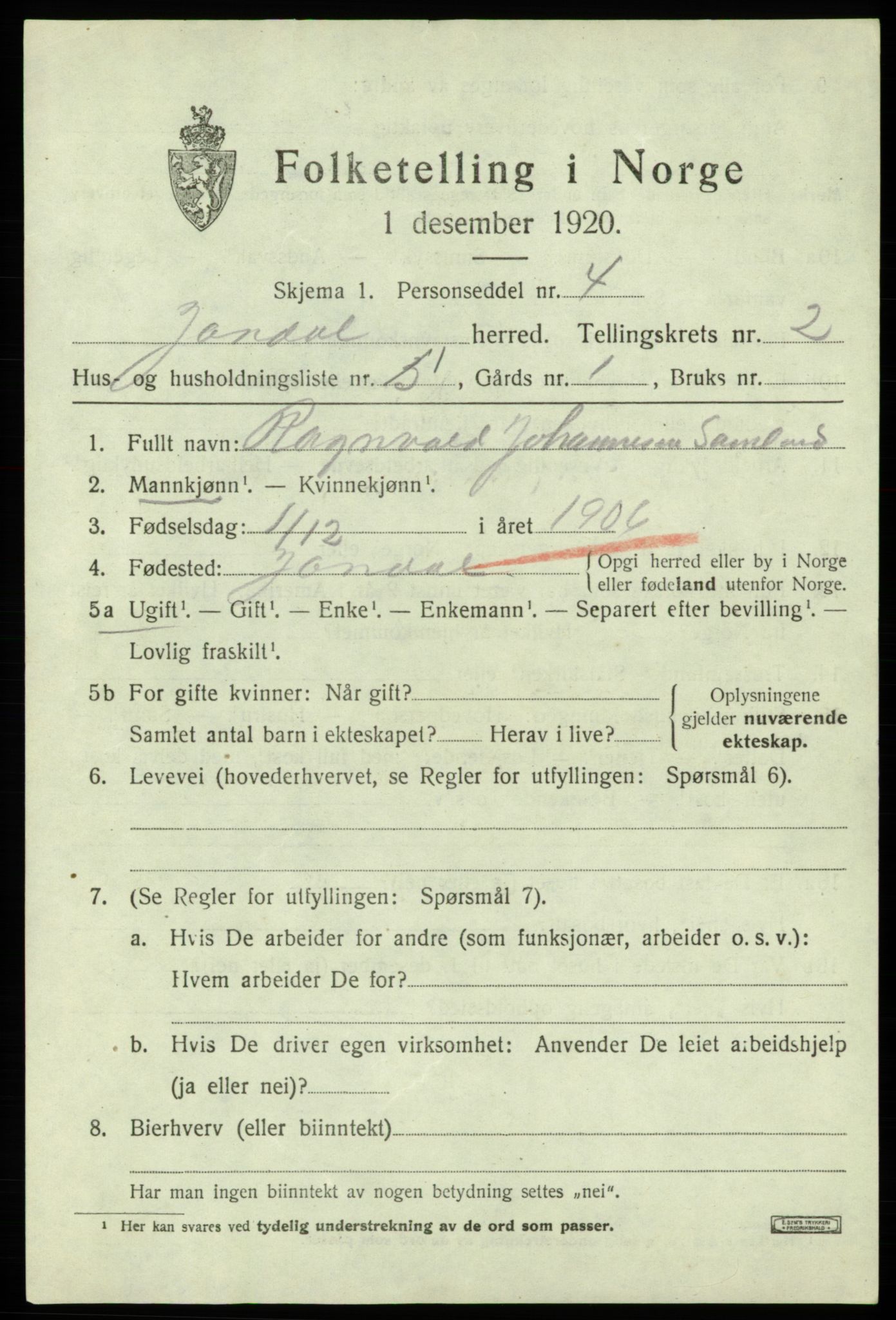 SAB, 1920 census for Jondal, 1920, p. 962