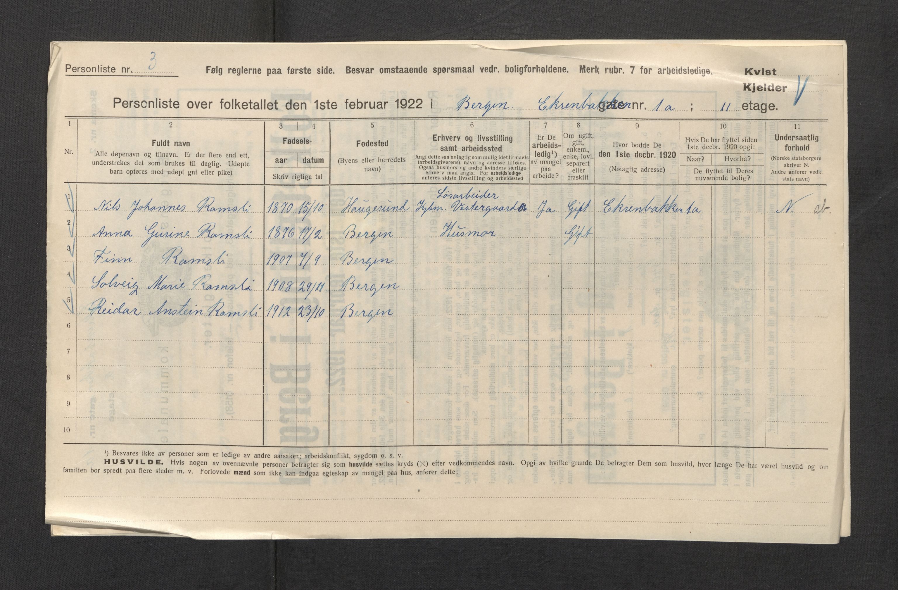 SAB, Municipal Census 1922 for Bergen, 1922, p. 6645