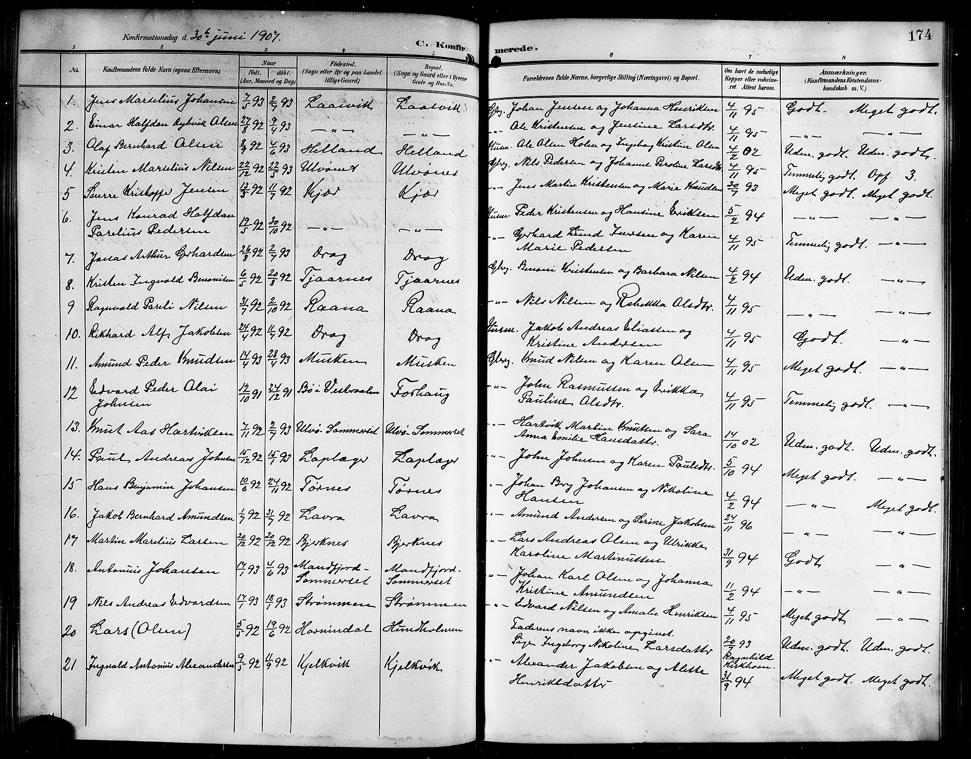 Ministerialprotokoller, klokkerbøker og fødselsregistre - Nordland, AV/SAT-A-1459/861/L0877: Parish register (copy) no. 861C03, 1903-1919, p. 174