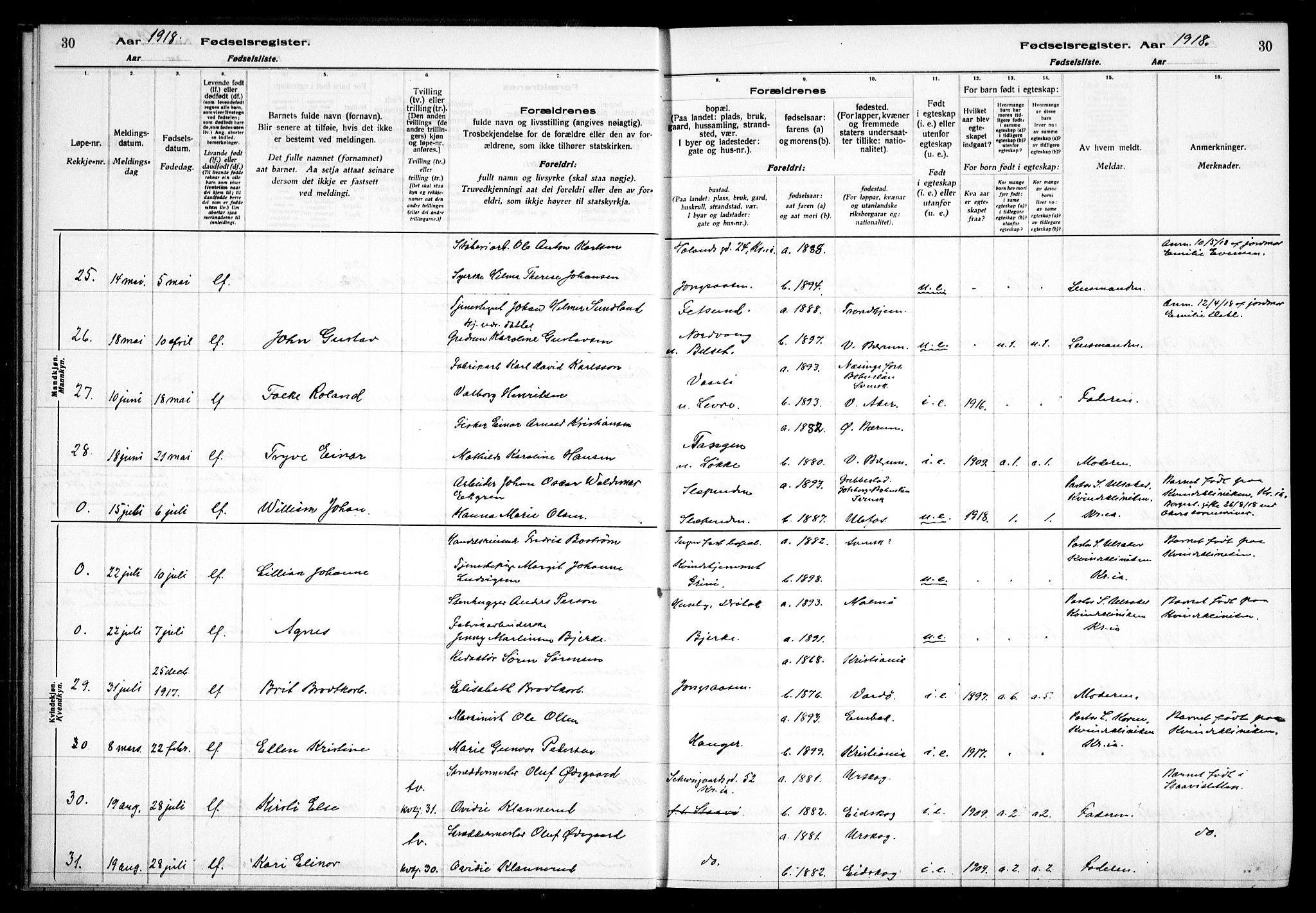 Vestre Bærum prestekontor Kirkebøker, AV/SAO-A-10209a/J/L0001: Birth register no. 1, 1916-1926, p. 30