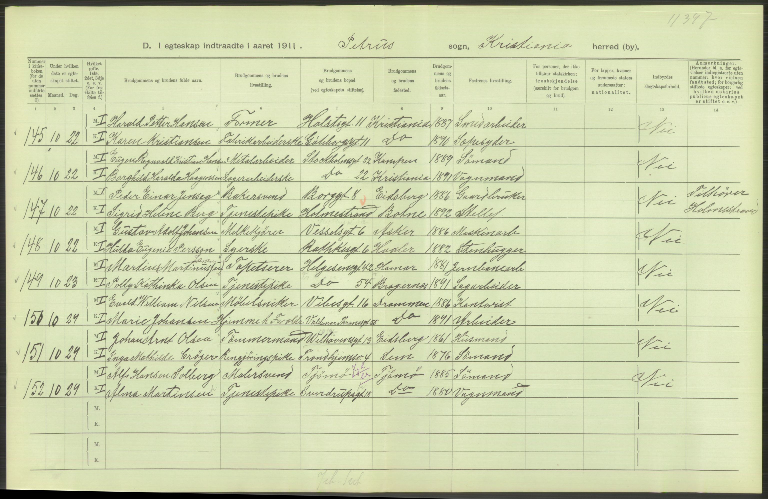 Statistisk sentralbyrå, Sosiodemografiske emner, Befolkning, AV/RA-S-2228/D/Df/Dfb/Dfba/L0008: Kristiania: Gifte, 1911, p. 32