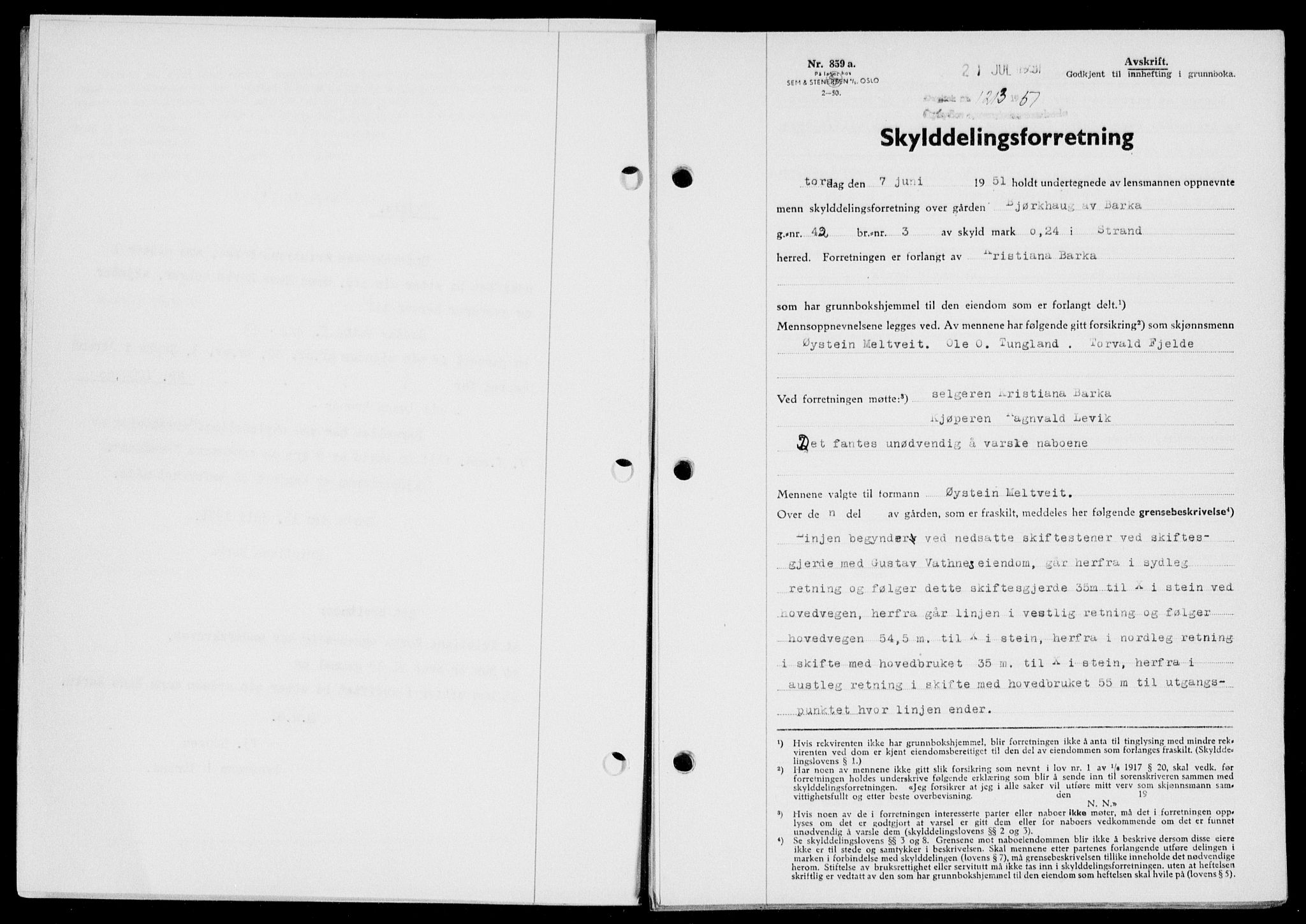 Ryfylke tingrett, SAST/A-100055/001/II/IIB/L0114: Mortgage book no. 93, 1951-1951, Diary no: : 1213/1951