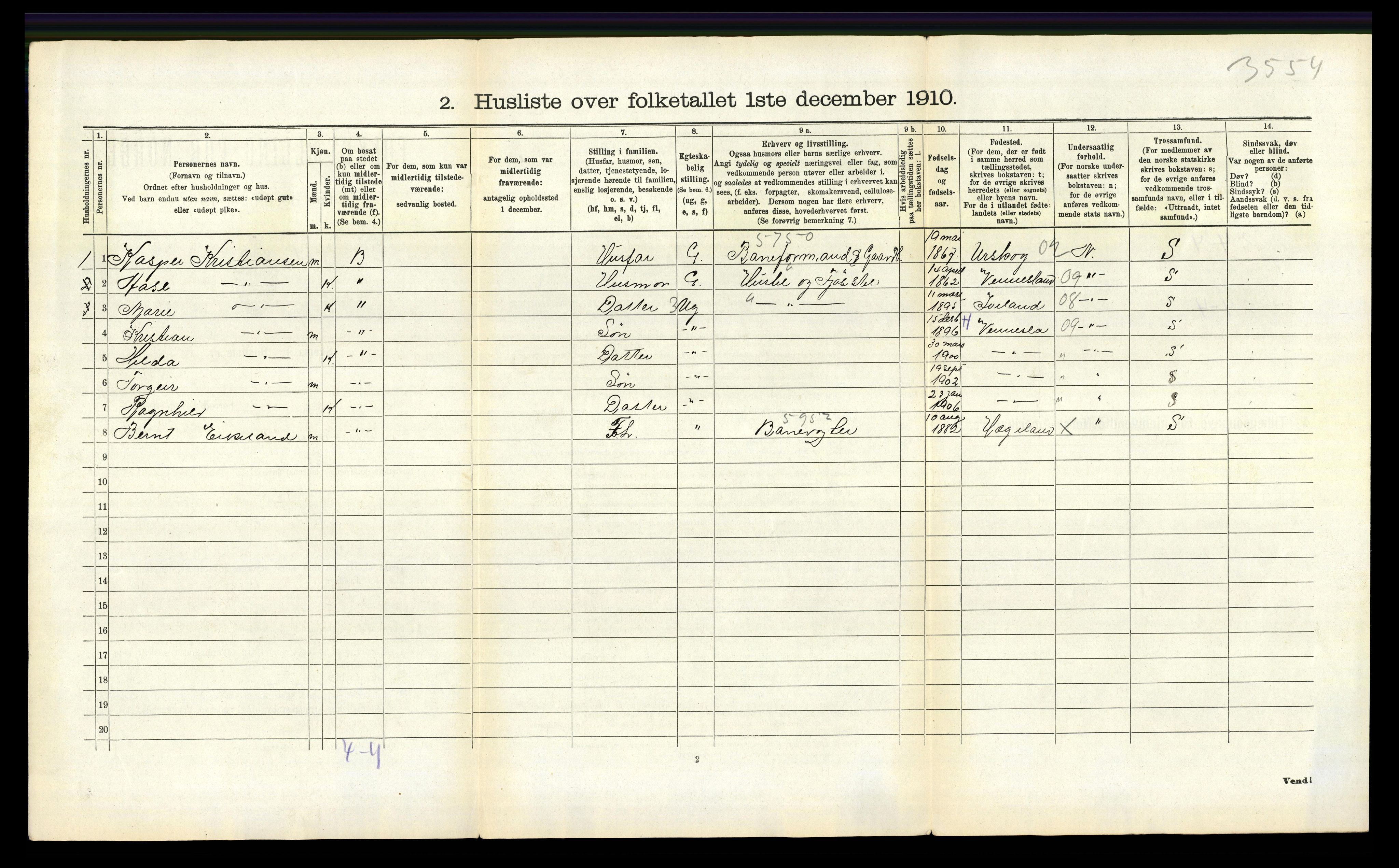 RA, 1910 census for Hægeland, 1910, p. 313