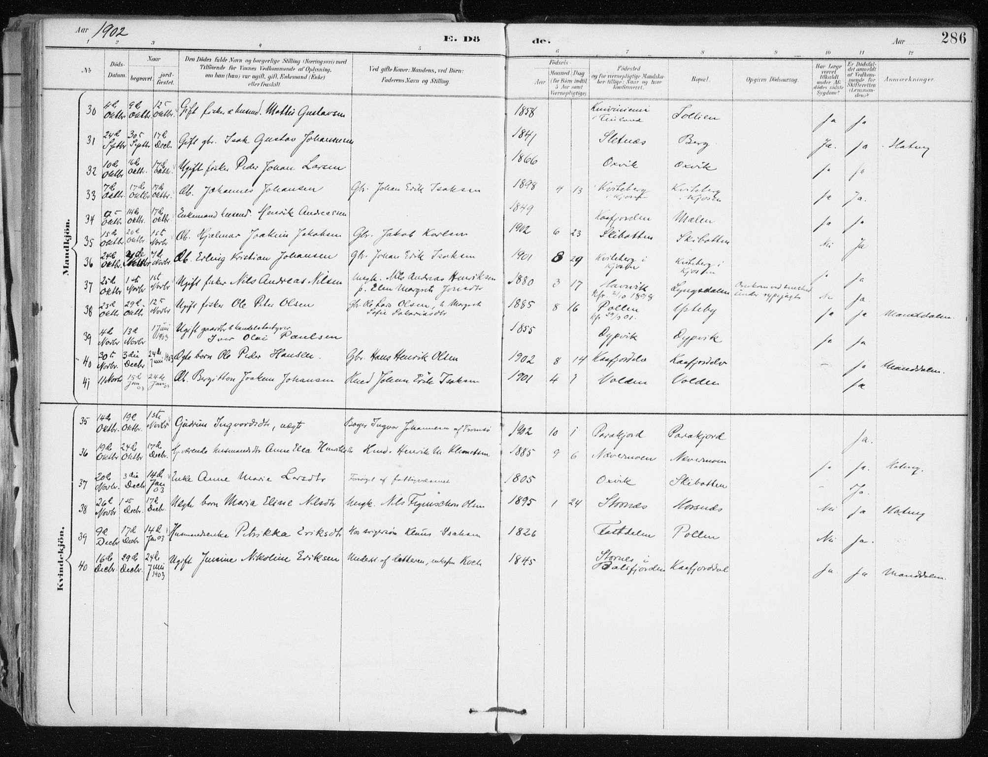 Lyngen sokneprestembete, AV/SATØ-S-1289/H/He/Hea/L0008kirke: Parish register (official) no. 8, 1891-1902, p. 286