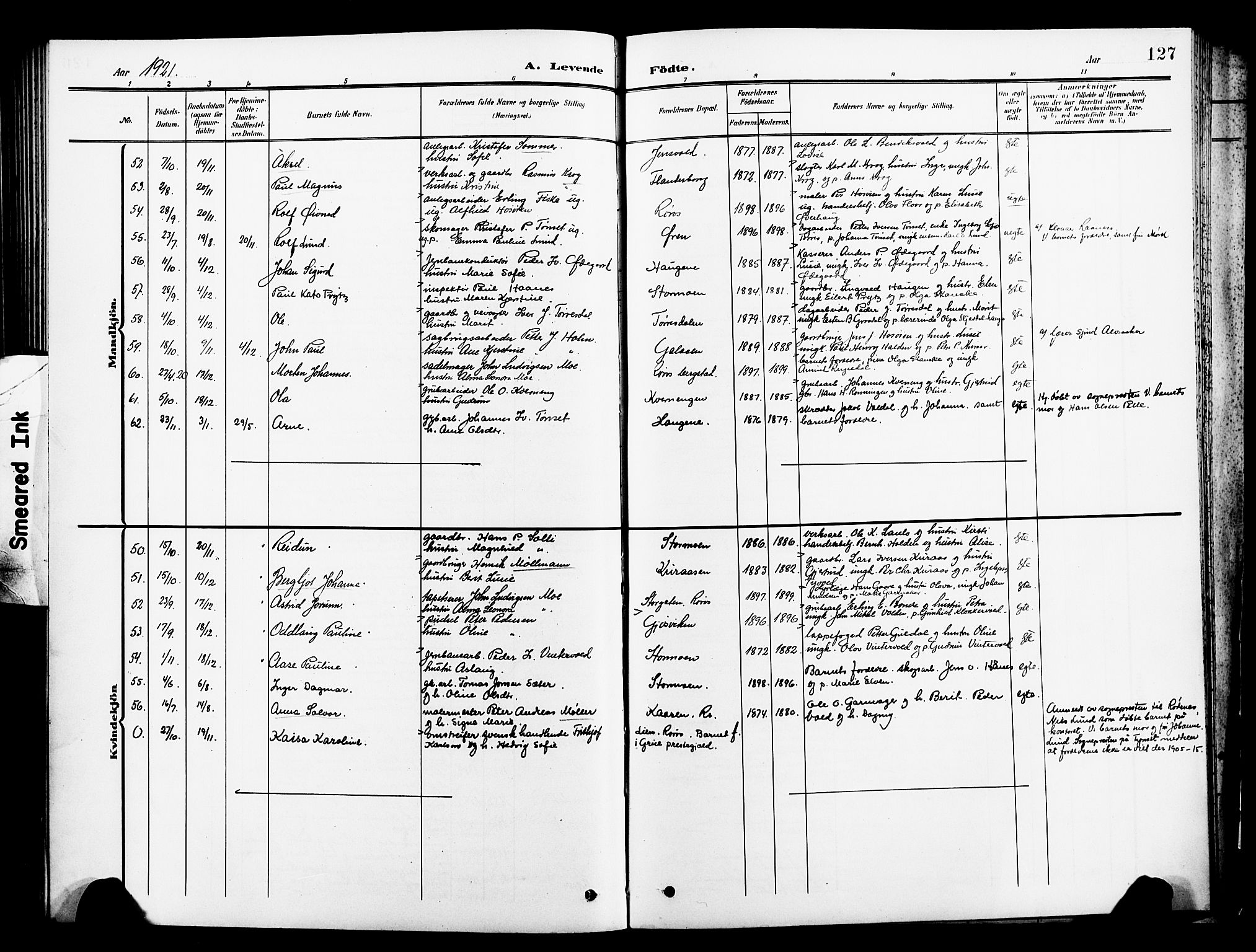 Ministerialprotokoller, klokkerbøker og fødselsregistre - Sør-Trøndelag, SAT/A-1456/681/L0942: Parish register (copy) no. 681C06, 1906-1925, p. 127