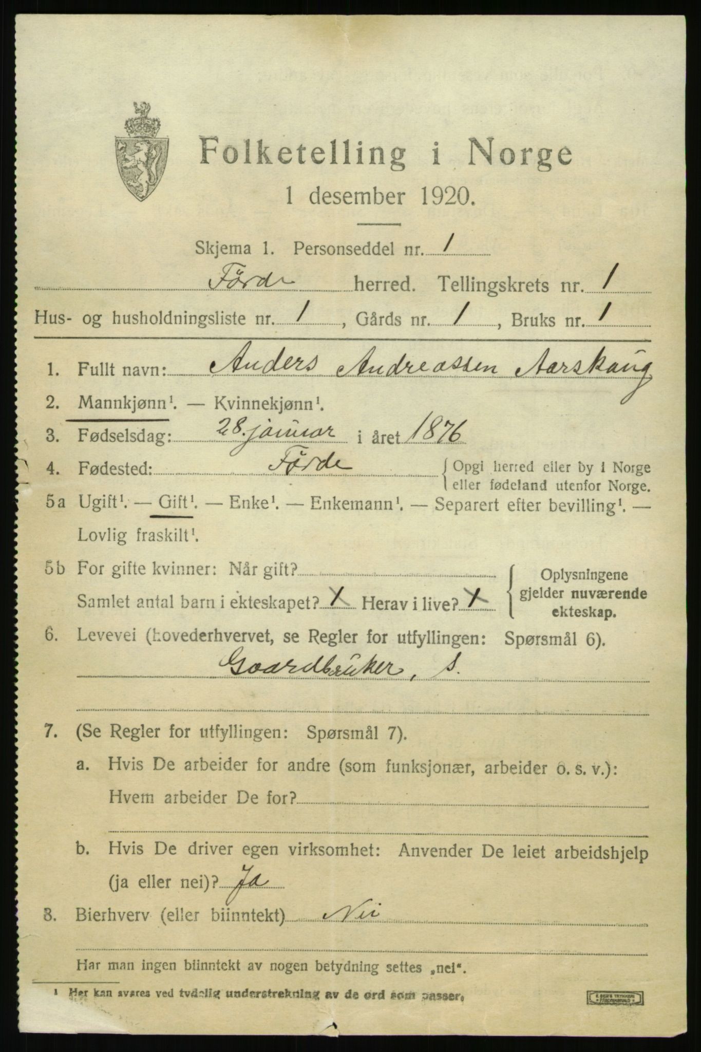 SAB, 1920 census for Førde, 1920, p. 1038