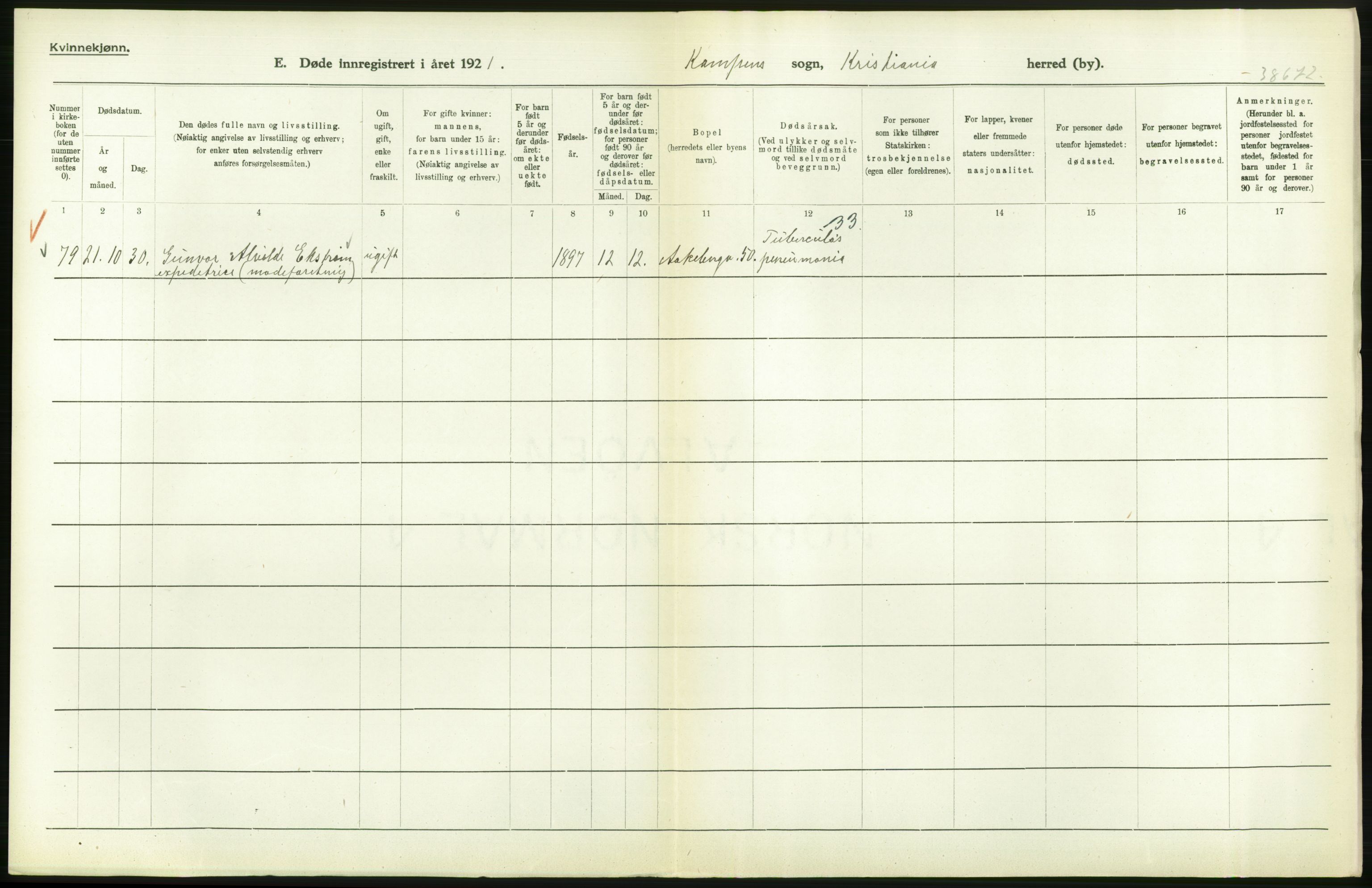 Statistisk sentralbyrå, Sosiodemografiske emner, Befolkning, AV/RA-S-2228/D/Df/Dfc/Dfca/L0013: Kristiania: Døde, dødfødte, 1921, p. 406